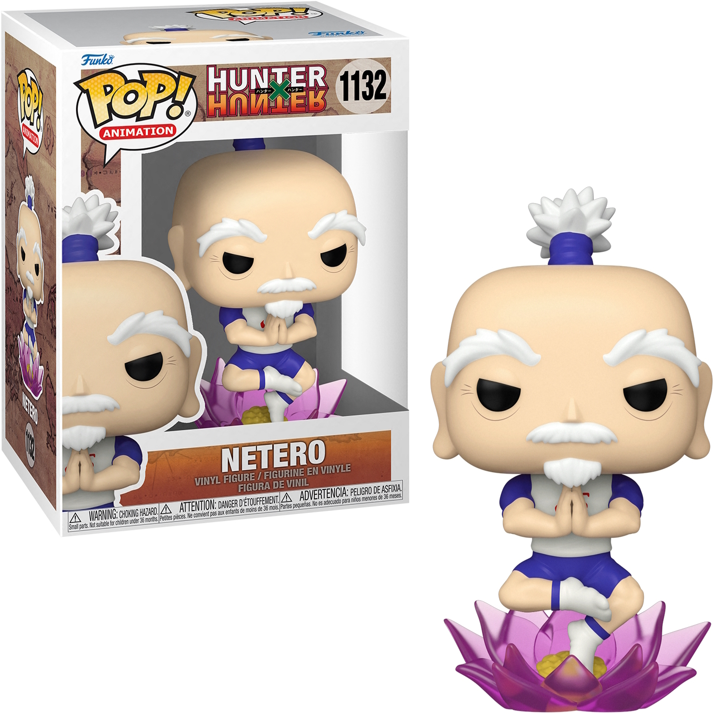 Netero-Figur, kniend auf einer lila Lotusblüte, mit einer Box im Hintergrund.