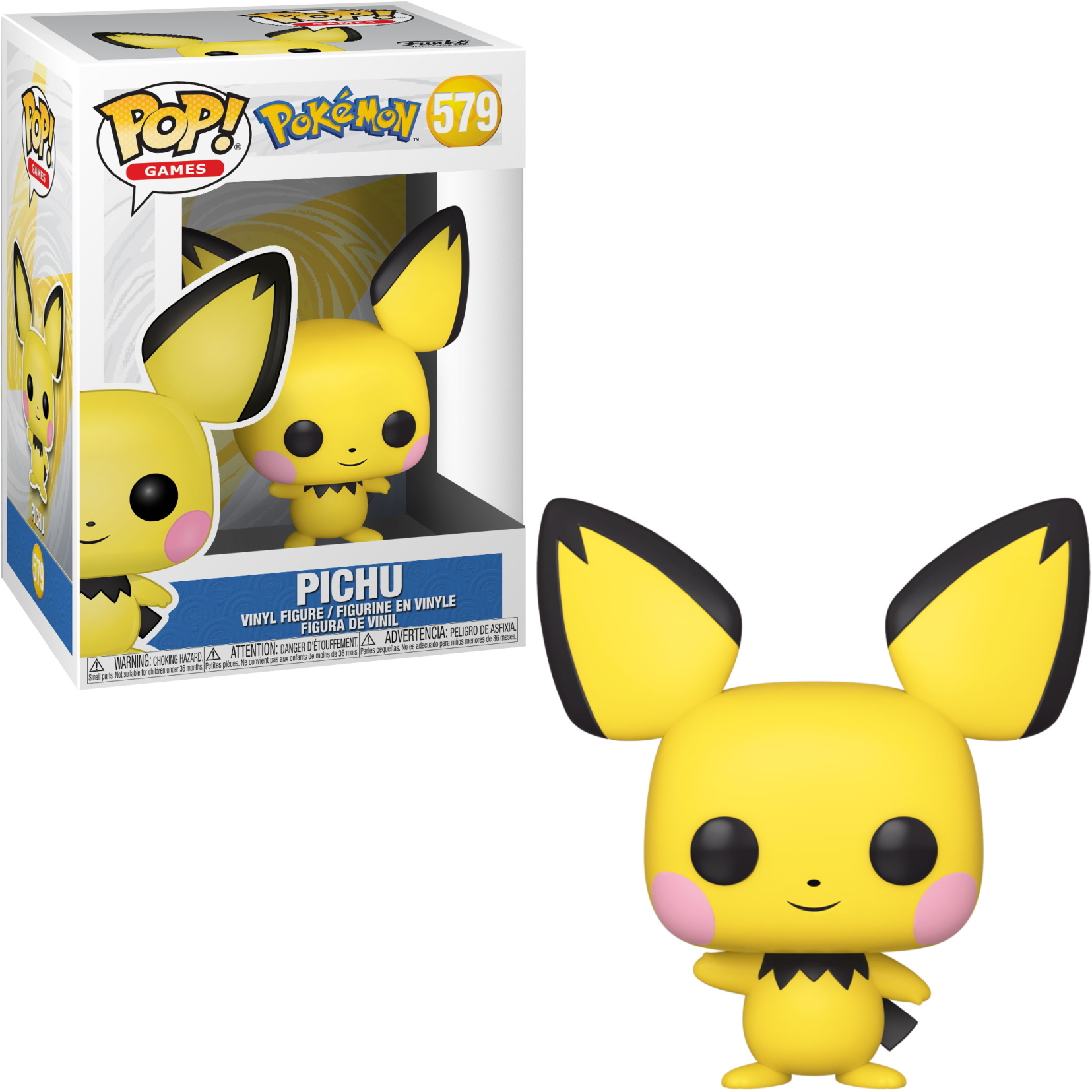 Figura Funko Pop di Pichu con scatola sullo sfondo.