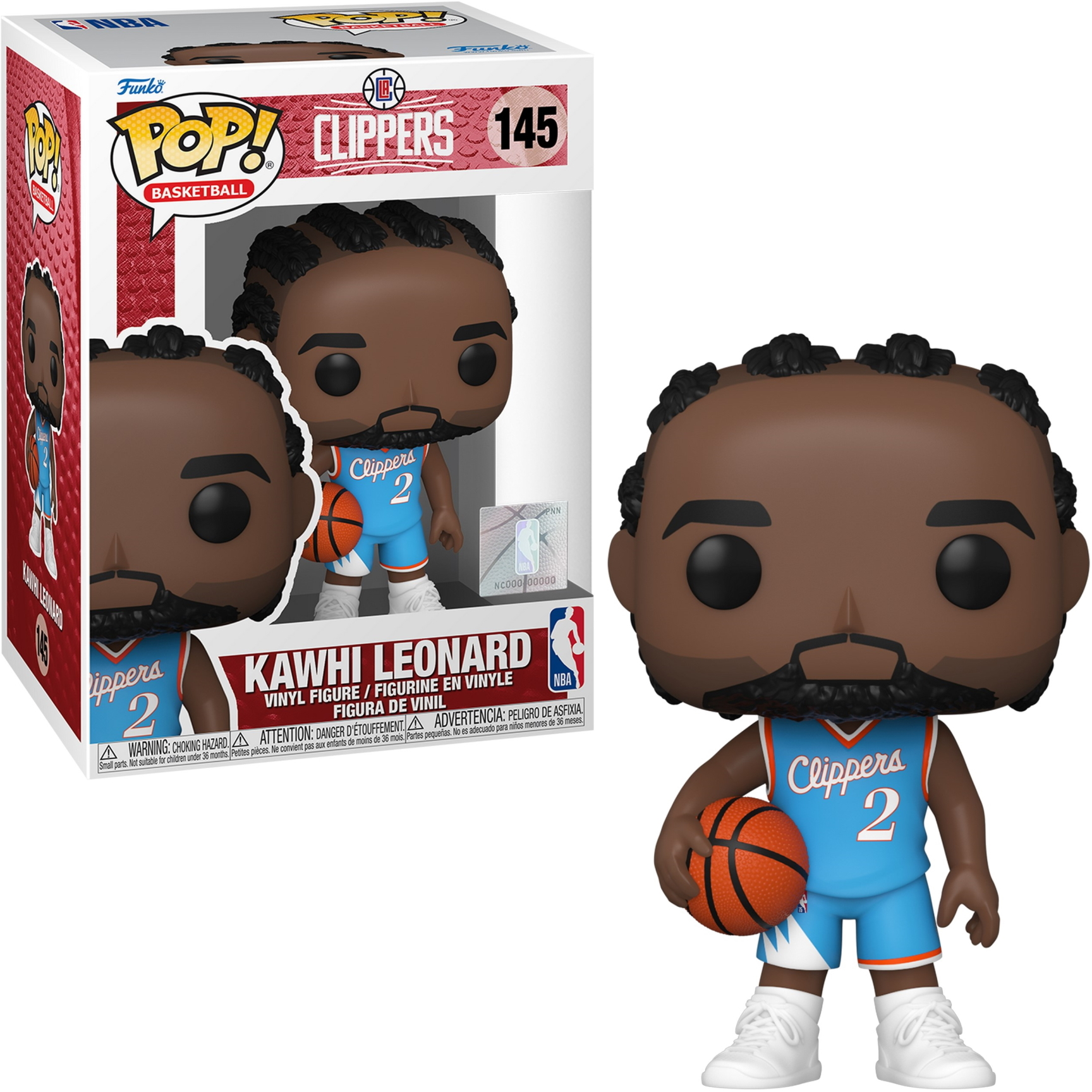 Kawhi Leonard Funko Pop Figur in der Box. Die Figur ist ein Basketballspieler in einem blauen Trikot.