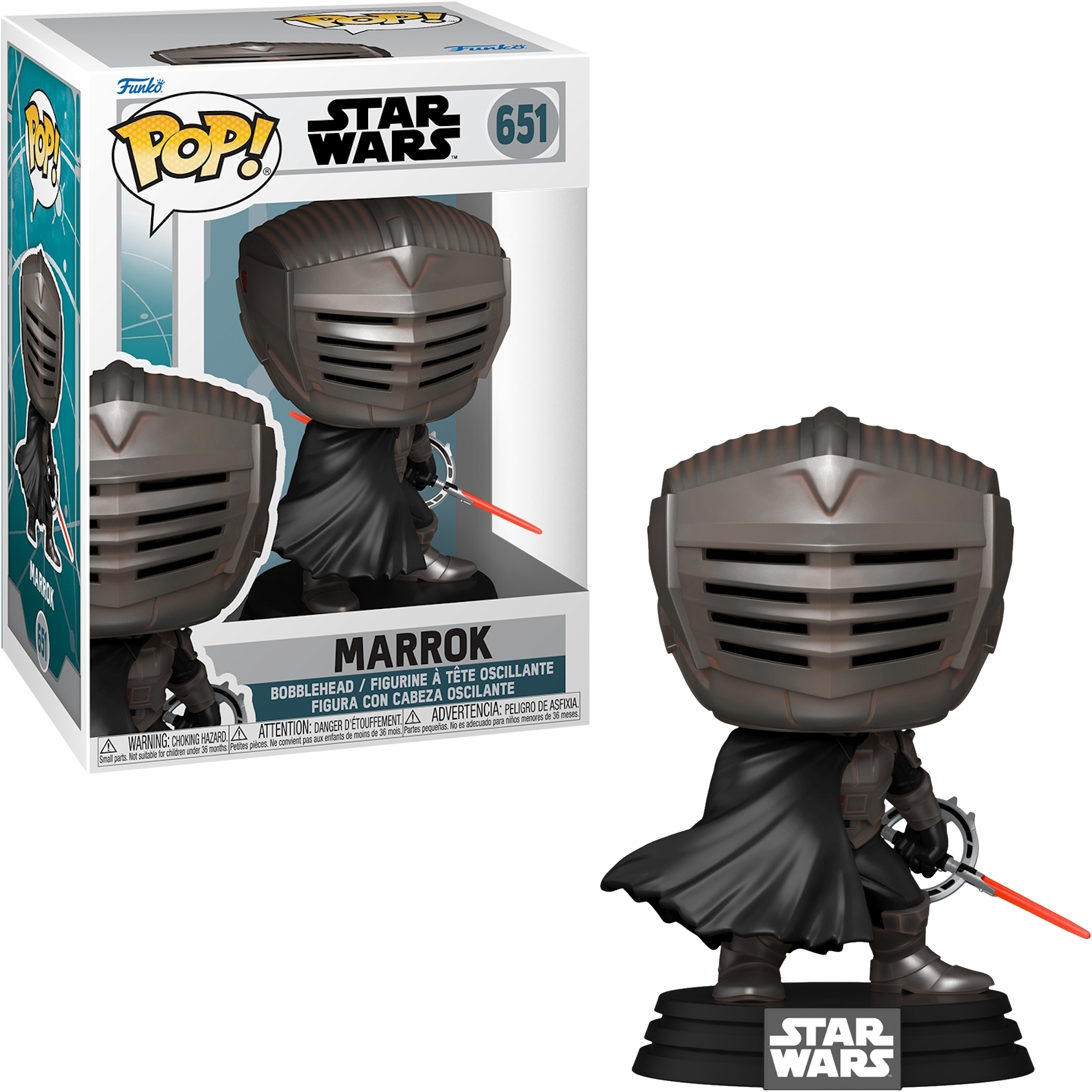 Marrok beeldje uit Star Wars. In en uit de doos. Donker pantser, rood lichtzwaard en zwarte cape.