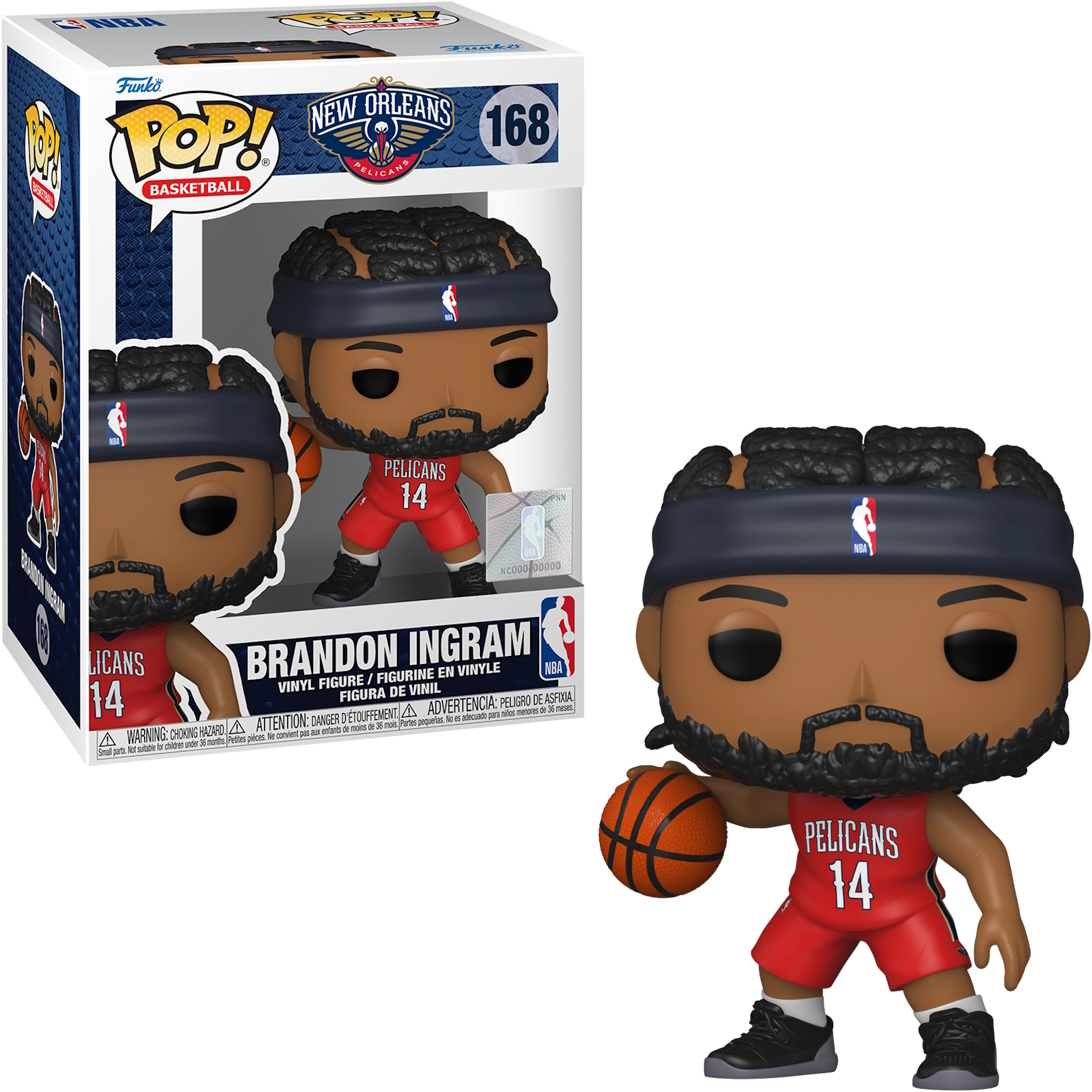 Una statuetta di Brandon Ingram con una scatola. Indossa una maglia rossa dei Pelicans e tiene in mano un pallone da basket.