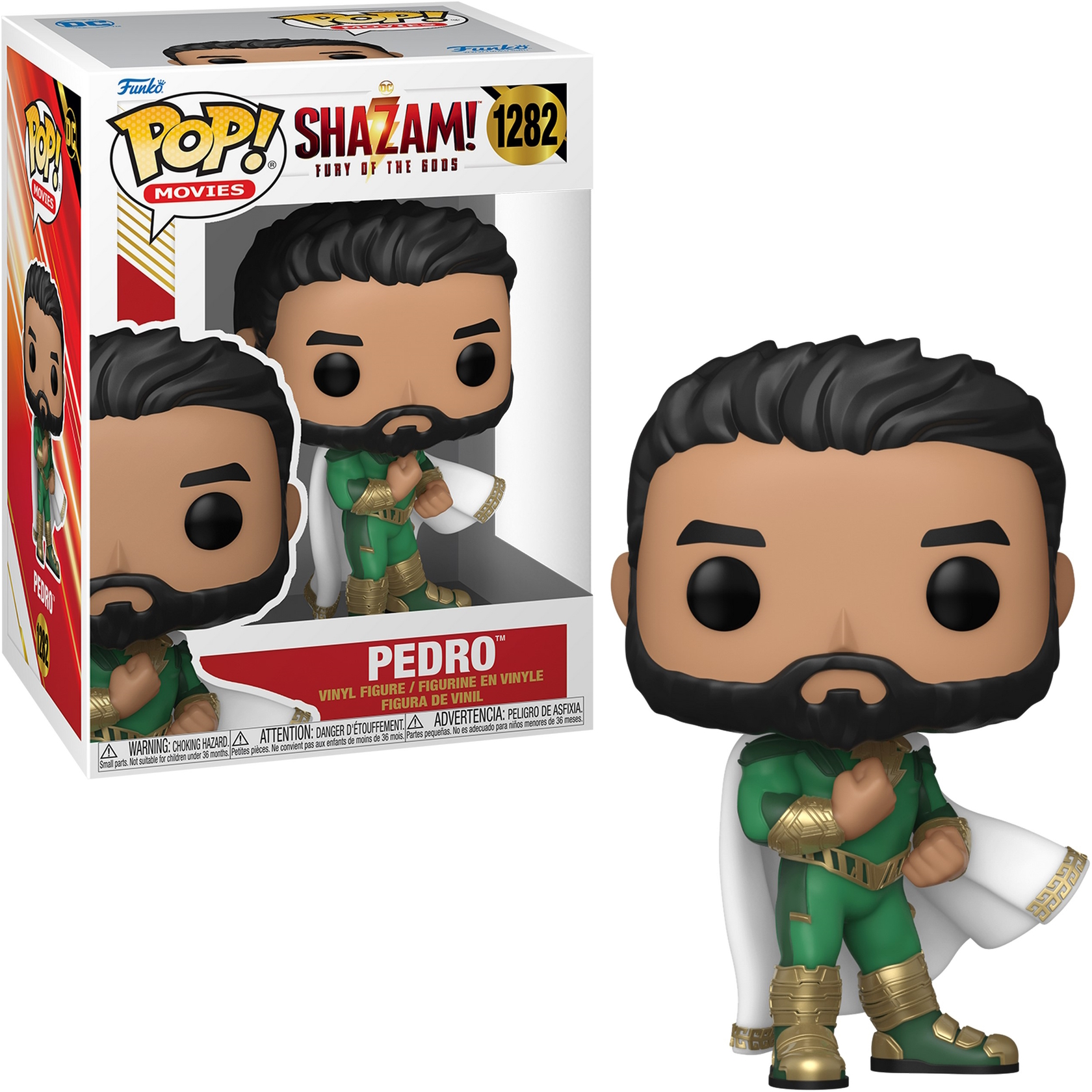 Funko Pop Pedro z Shazam! Figurka w zielonym i złotym kostiumie, białej pelerynie.