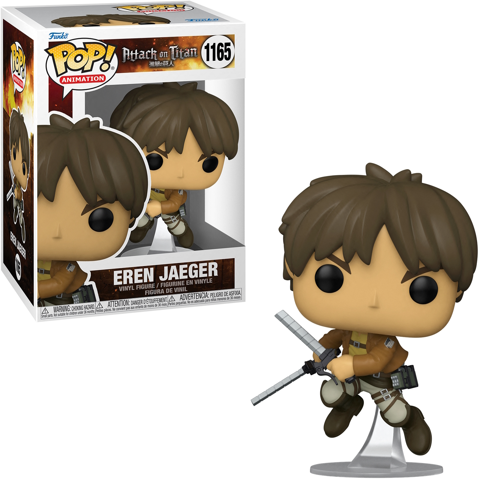 Figura di Eren Jaeger Funko Pop di Attack on Titan, dentro e fuori la scatola, con lame.