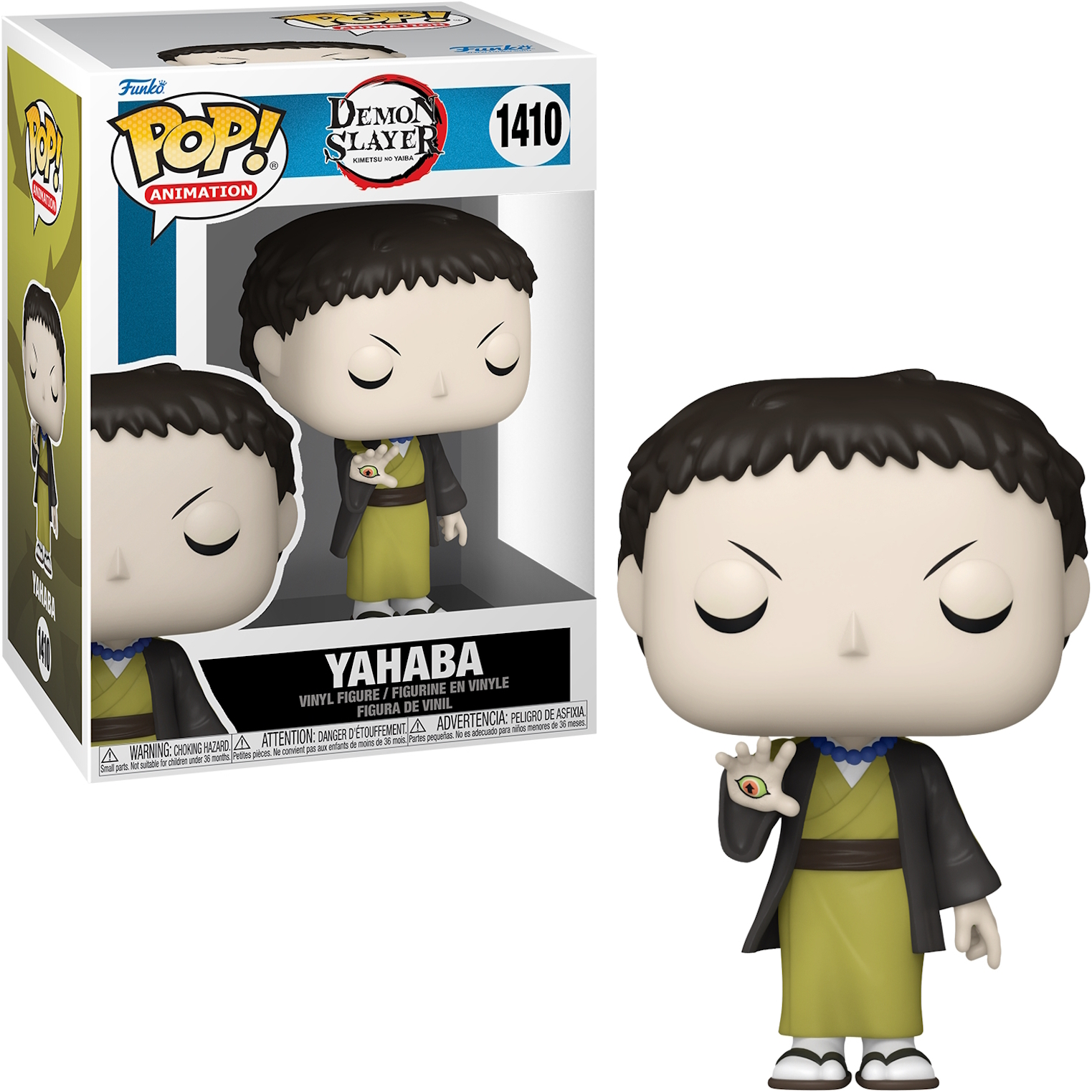 Figurina di Yahaba con occhi chiusi, in abito verde e giacca nera.