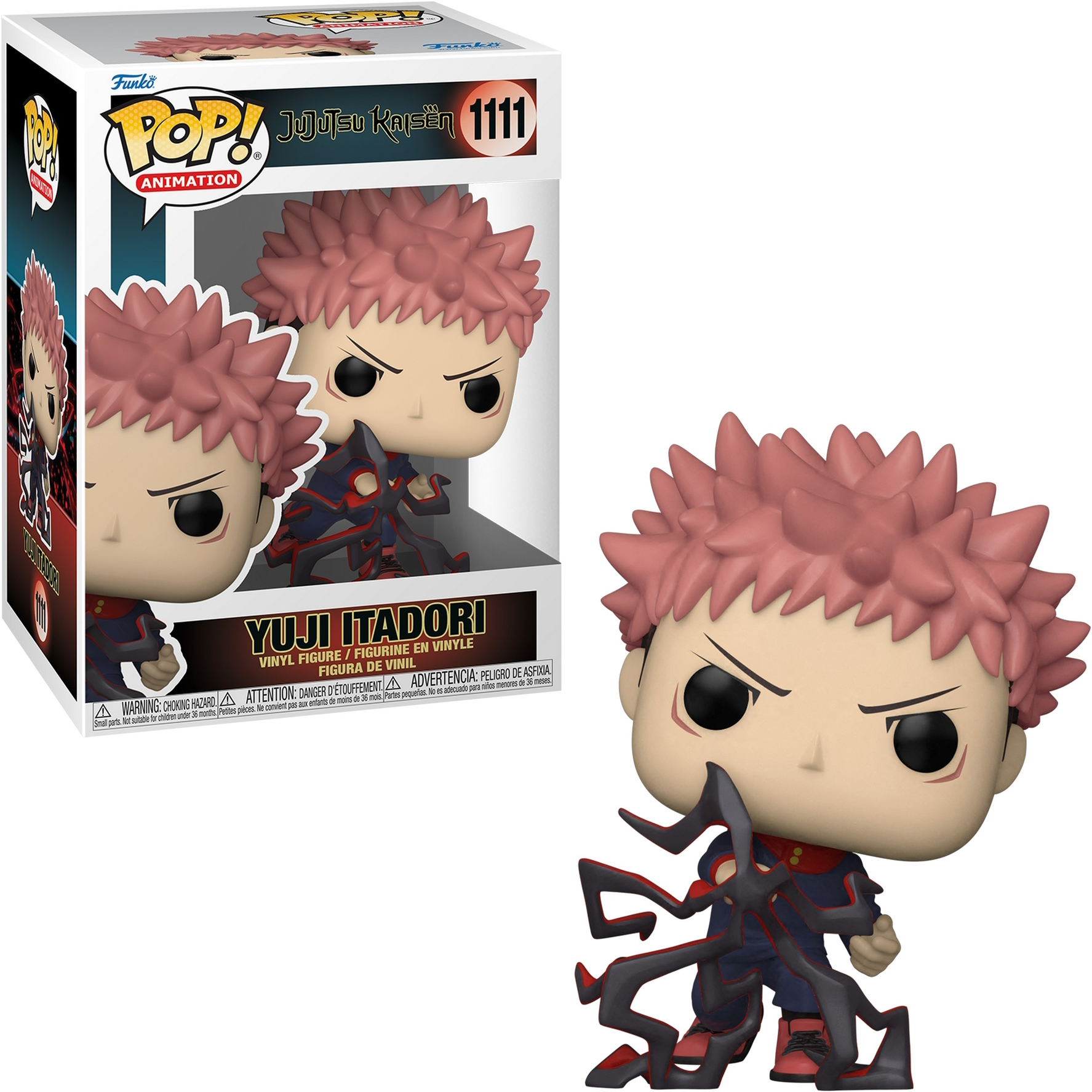 Yuji Itadori Funko Pop Figur in einer Box und Nahaufnahme.