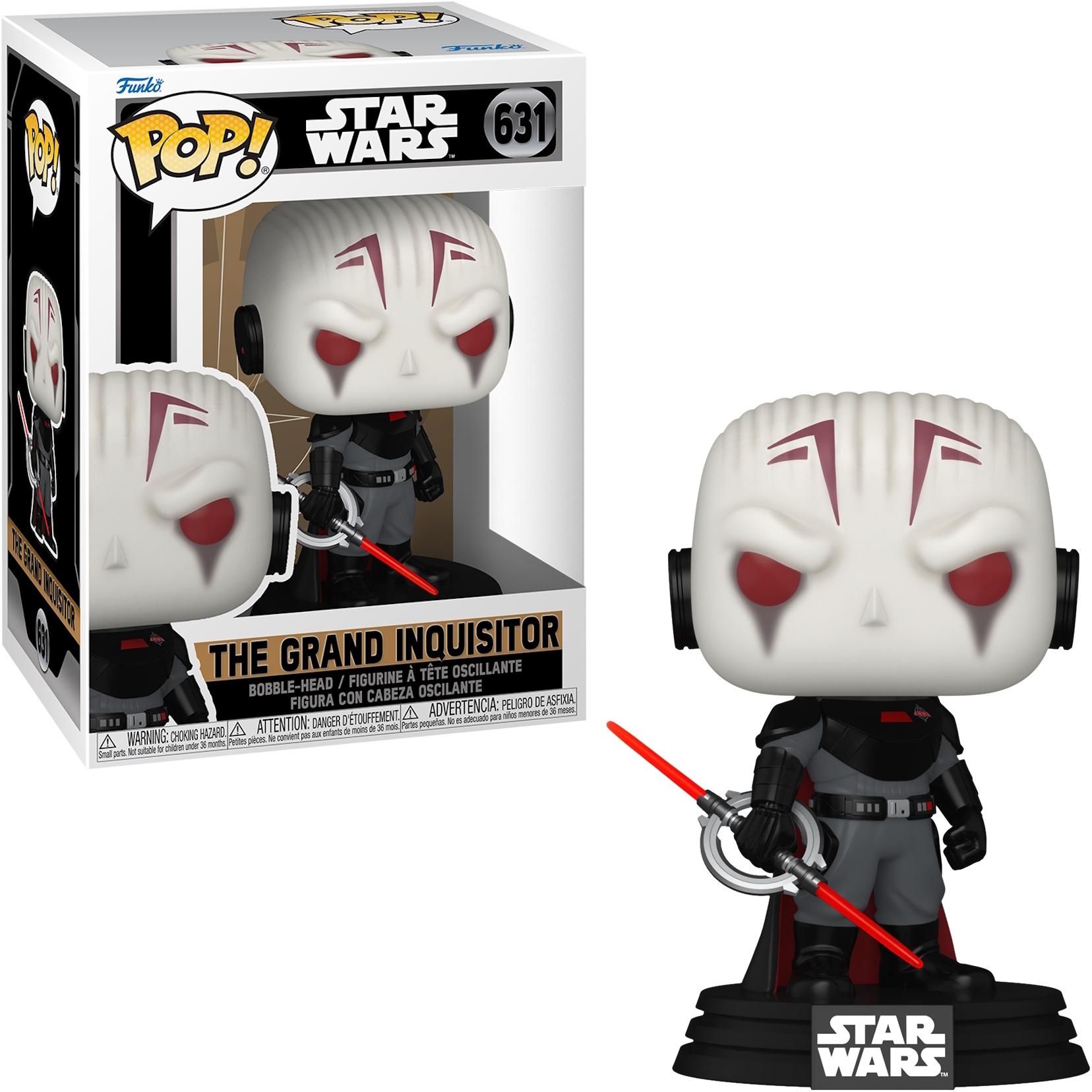 Figura Funko Pop de The Grand Inquisitor de Star Wars. Tiene piel blanca, ojos rojos y un sable láser rojo.
