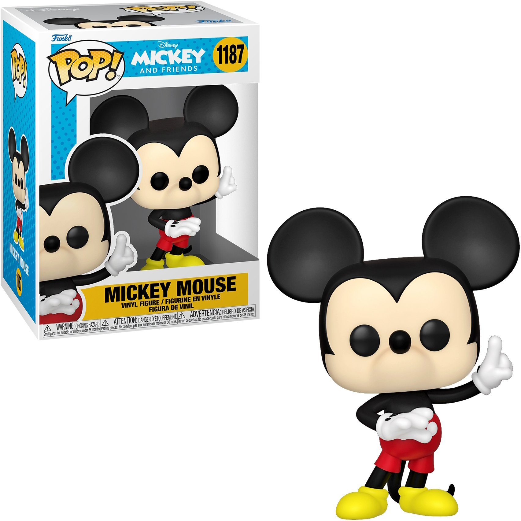 Figura Funko Pop di Topolino. Mickey in classico nero e rosso. Figura in scatola con il logo Disney.