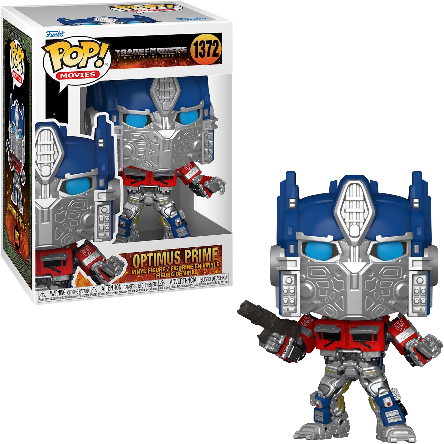 Funko Pop Figur von Optimus Prime aus Transformers, mit Box. Die Figur hält eine Waffe.