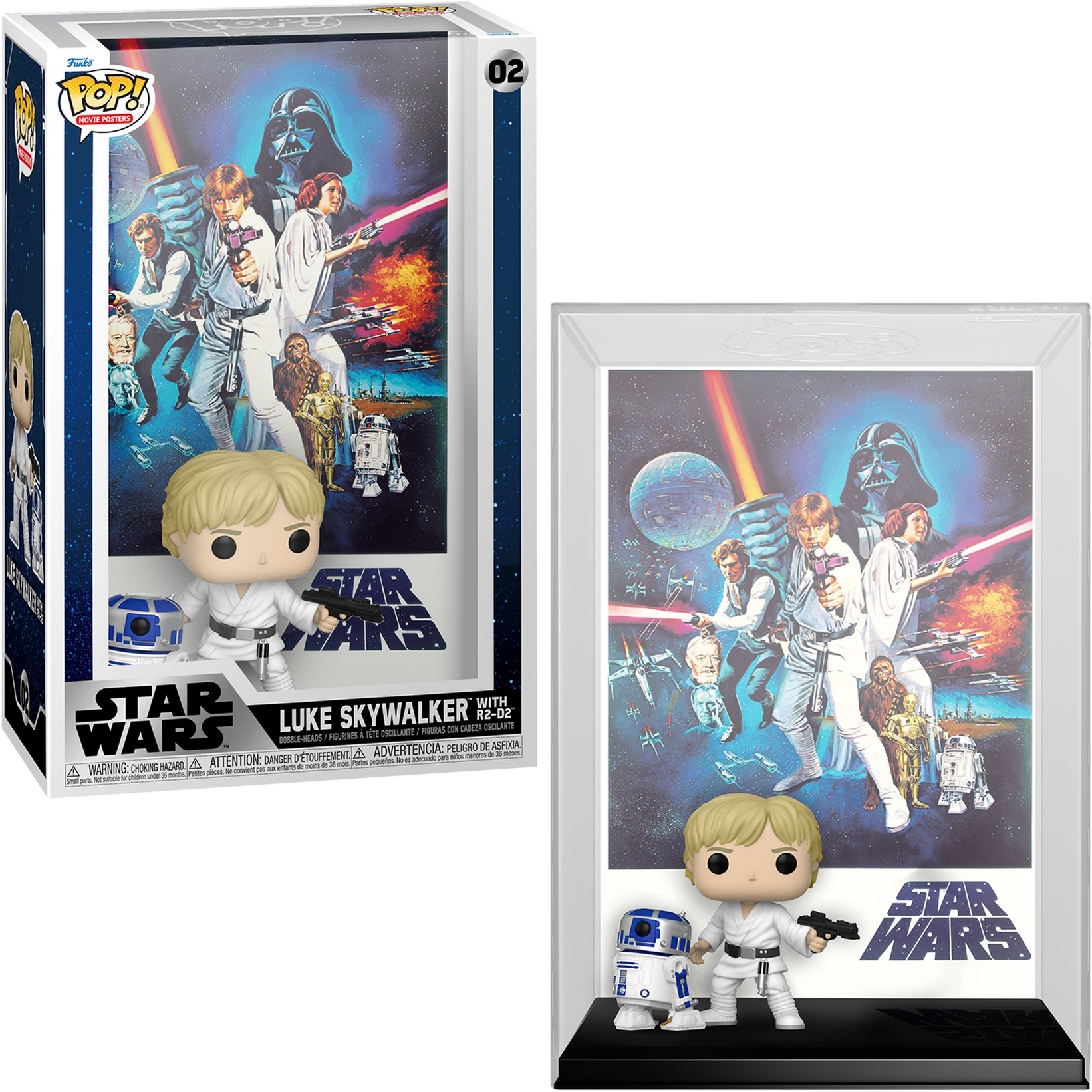 Funko Pop Star Wars Figur von Luke Skywalker mit R2-D2 in einer Box und außerhalb der Box gezeigt.