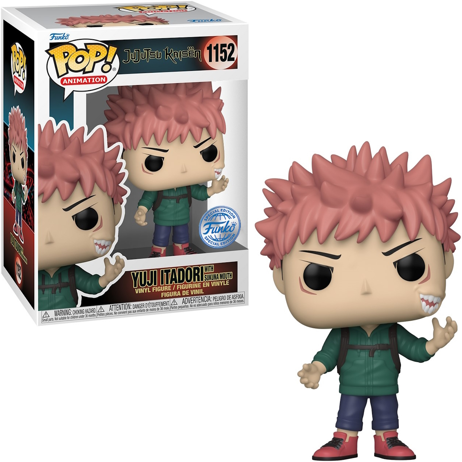 Yuji Itadori Funko Pop Figur in einer Box. Figur hat pinkes, stacheliges Haar und hält die Hand hoch.