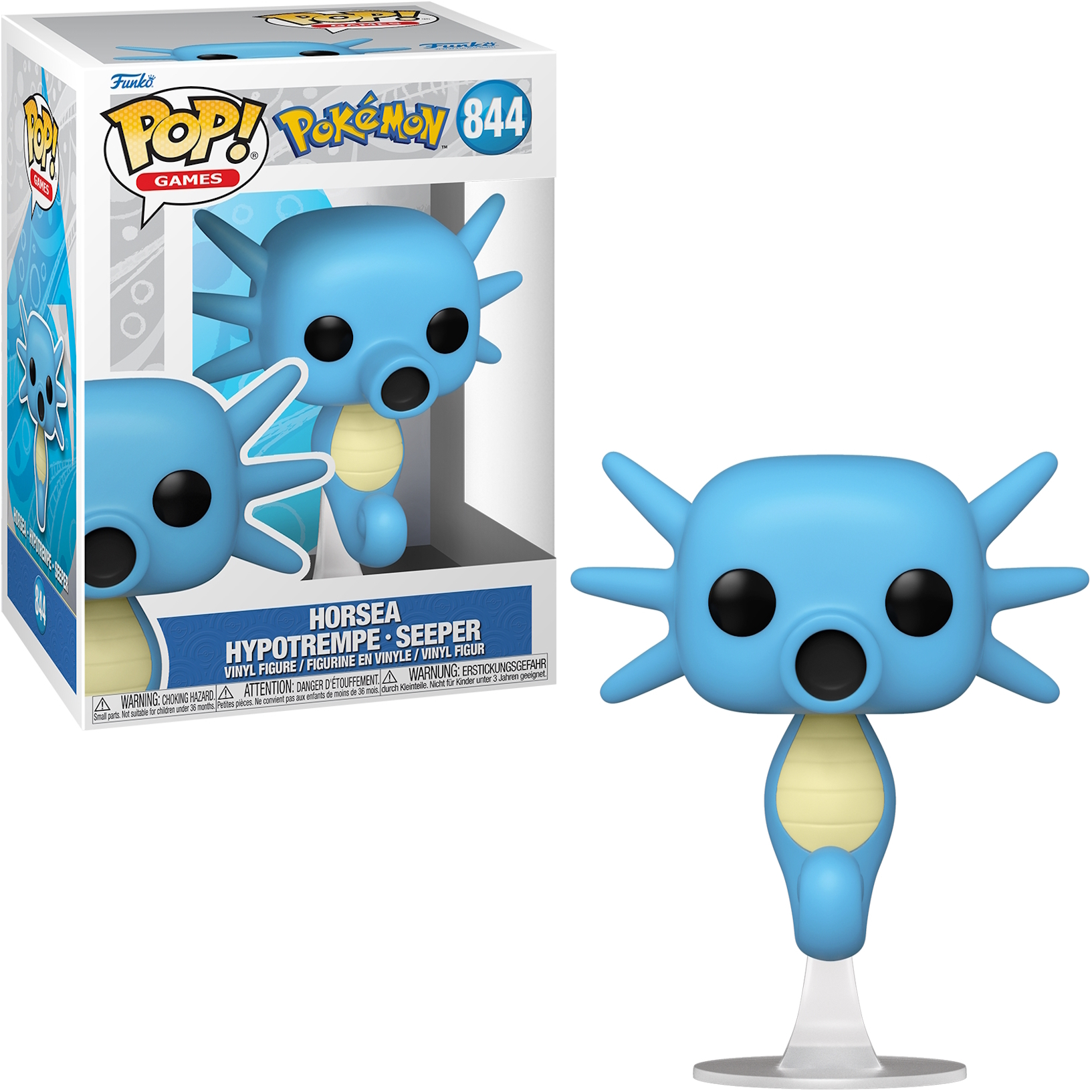 Eine Funko Pop Figur von Horsea aus Pokémon, in und außerhalb der Box. Horsea ist ein blaues seepferdchenähnliches Wesen.