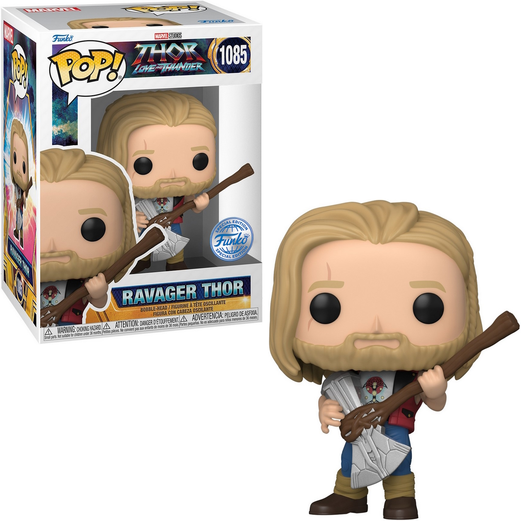 Figura Funko Pop di Ravager Thor nella scatola. Capelli biondi, impugna un'arma. Adesivo Edizione Speciale.