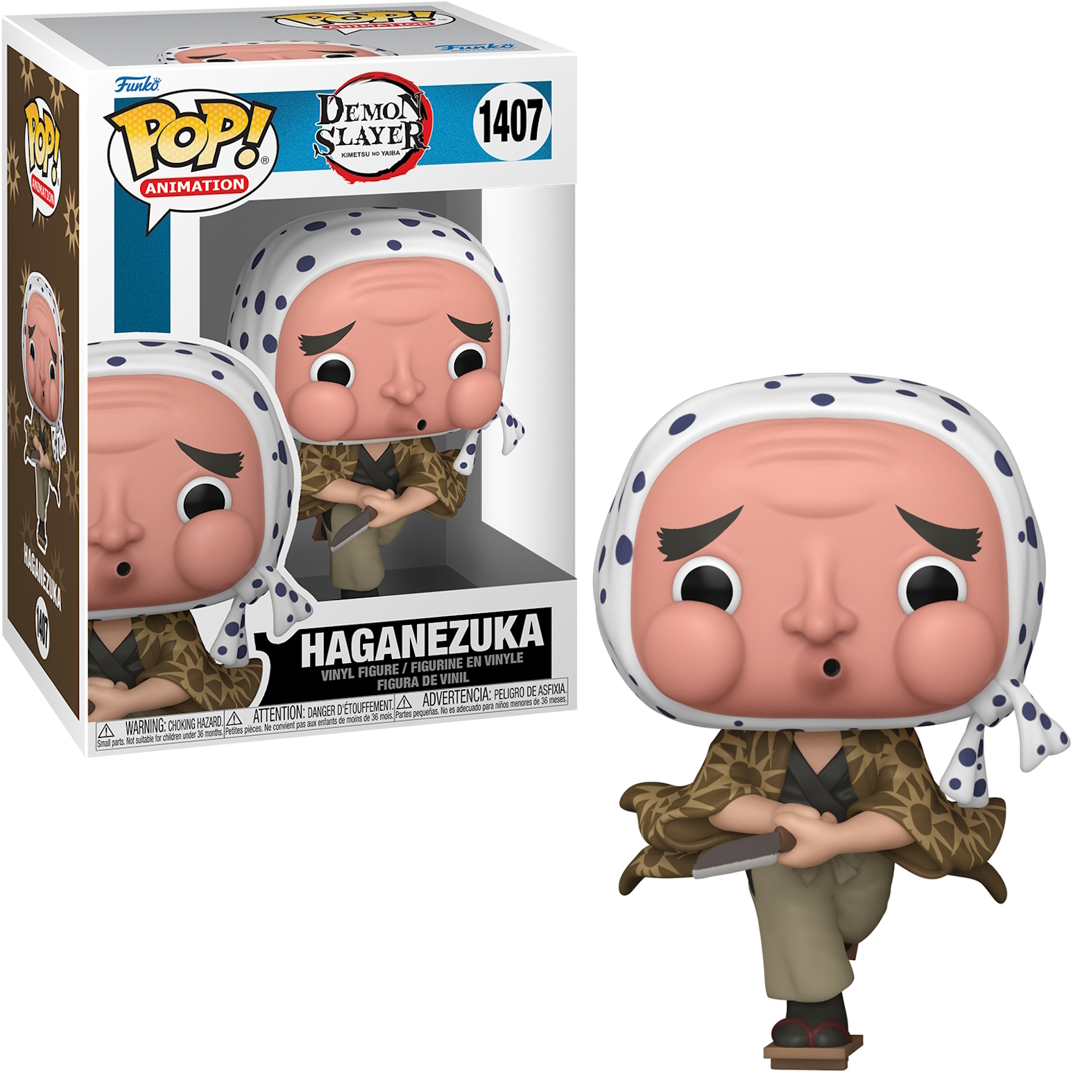 Una figura Funko Pop del personaje Haganezuka de Demon Slayer, con su caja.