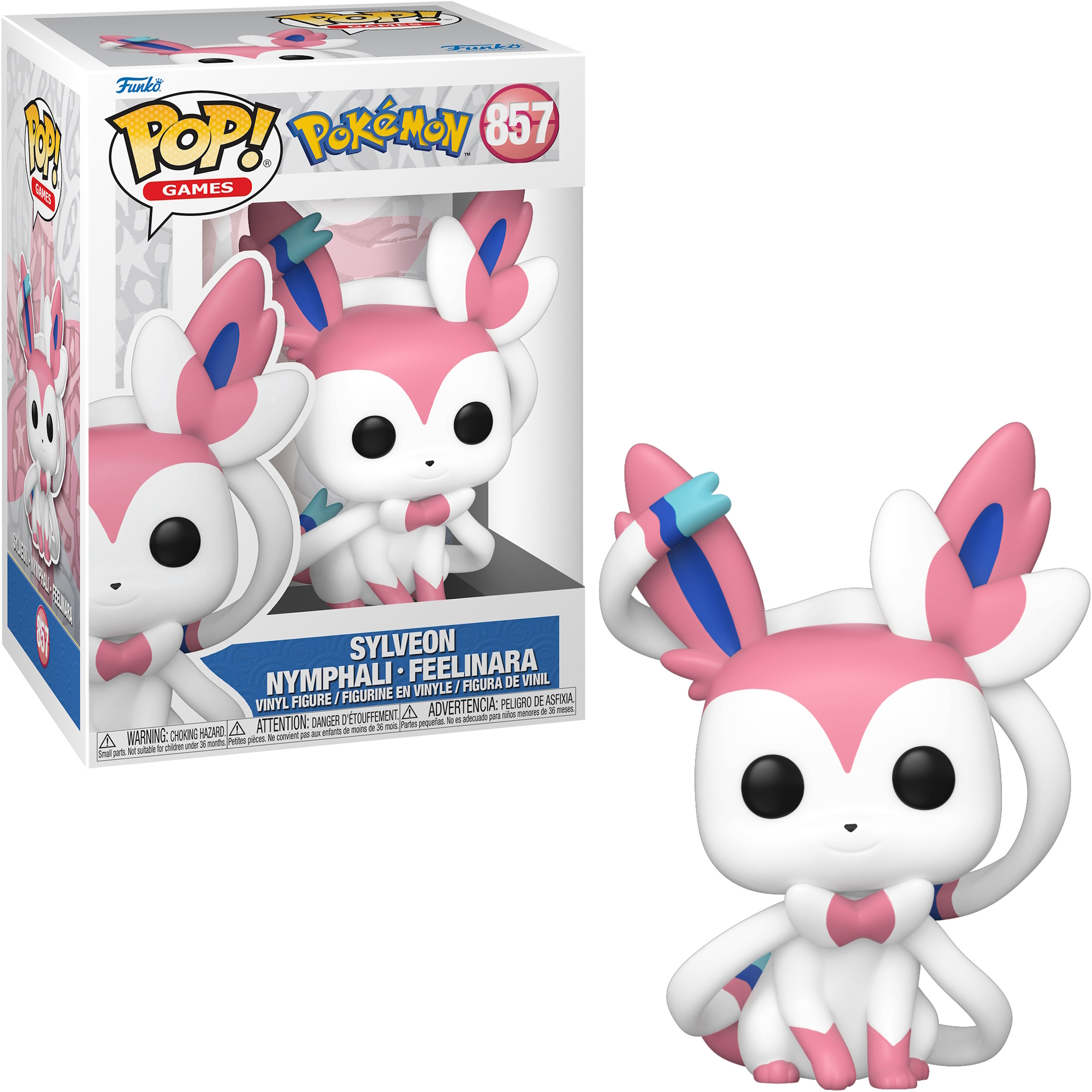 Sylveon Pokemon-Figur in Rosa, Weiß und Blau, mit einer Funko Pop-Box im Hintergrund.