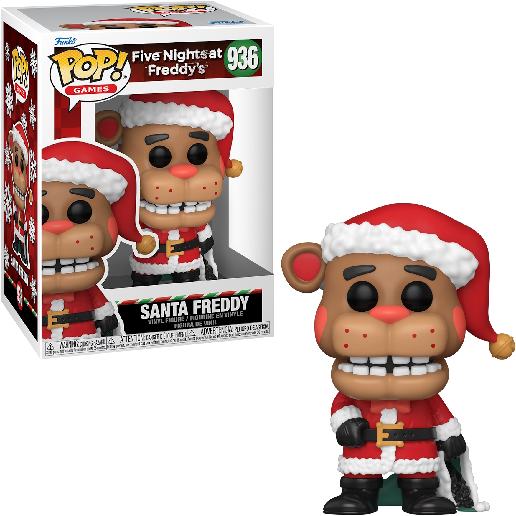 Figura de Santa Freddy Funko Pop en una caja. Primer plano de la figura fuera de la caja.