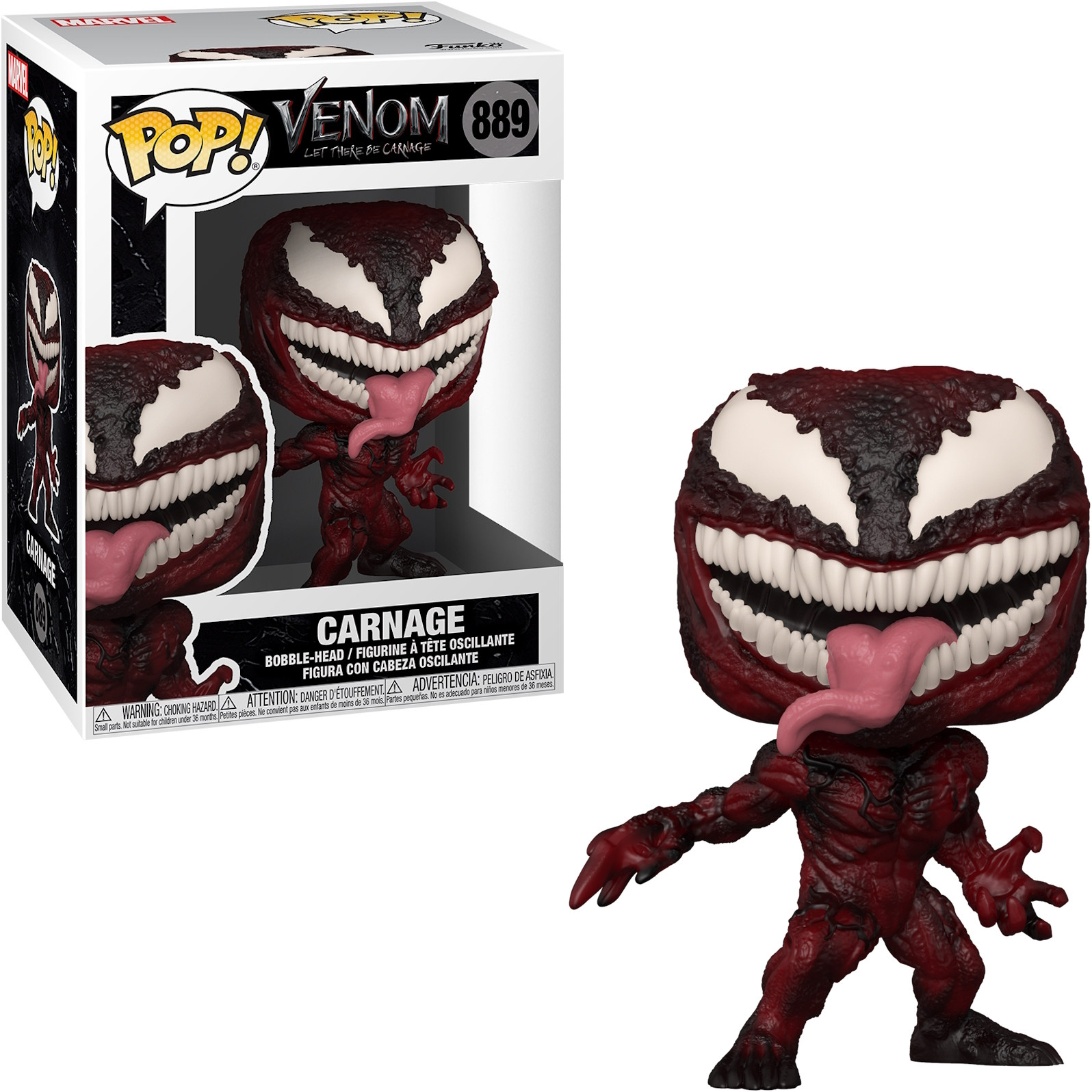 Figura Funko Pop di Carnage. Figura rossa con faccia bianca. Scatola sullo sfondo. Lingua di fuori.