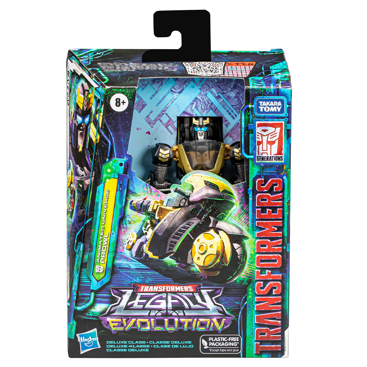 Un juguete Transformers Legacy Evolution en una caja, que presenta un robot transformándose en una motocicleta.