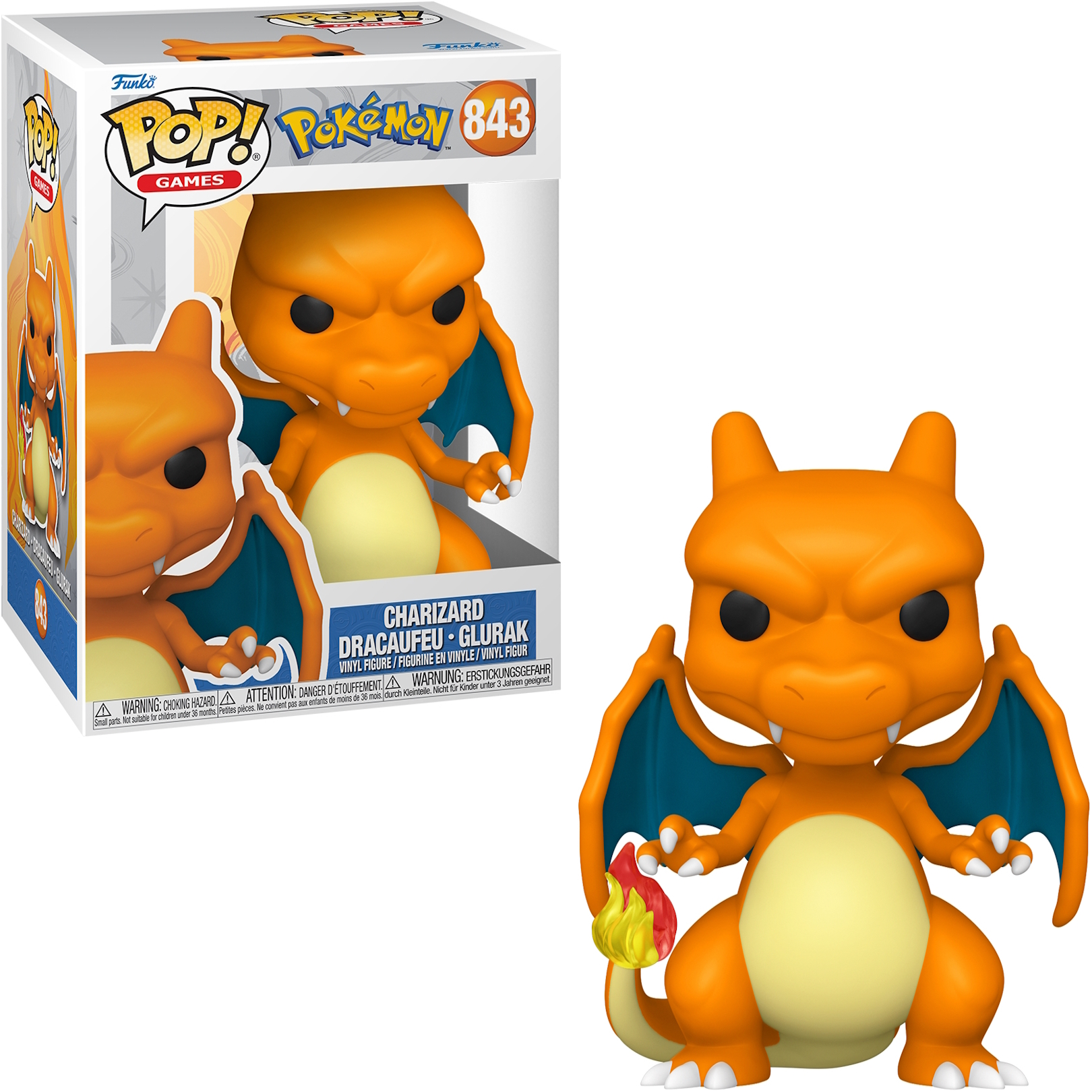 Charizard Figur, orange mit blauen Flügeln, in Box. Von Pokémon, hält eine Flamme.