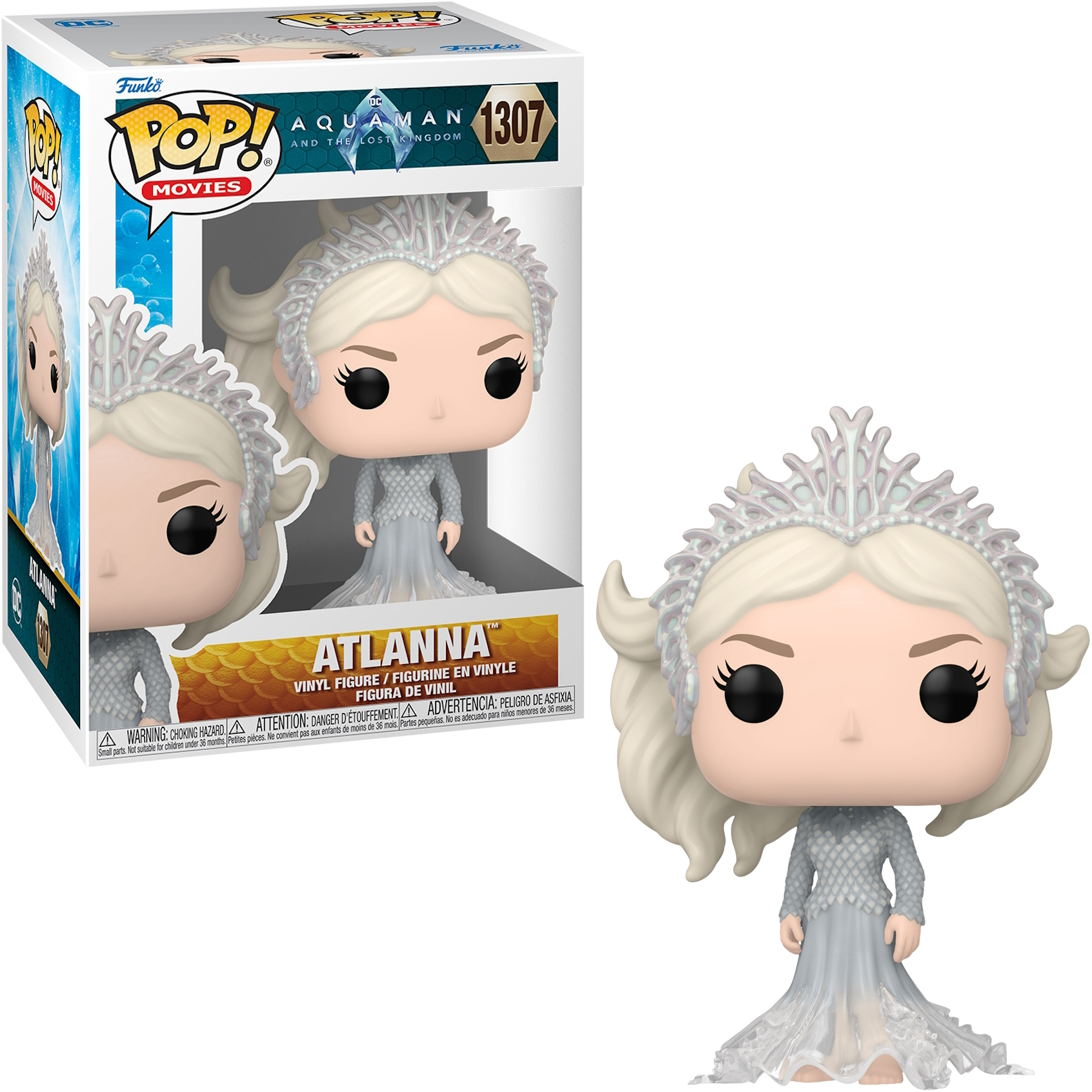 Figura Atlanna Funko Pop con scatola. Indossa un vestito e una corona argentati.