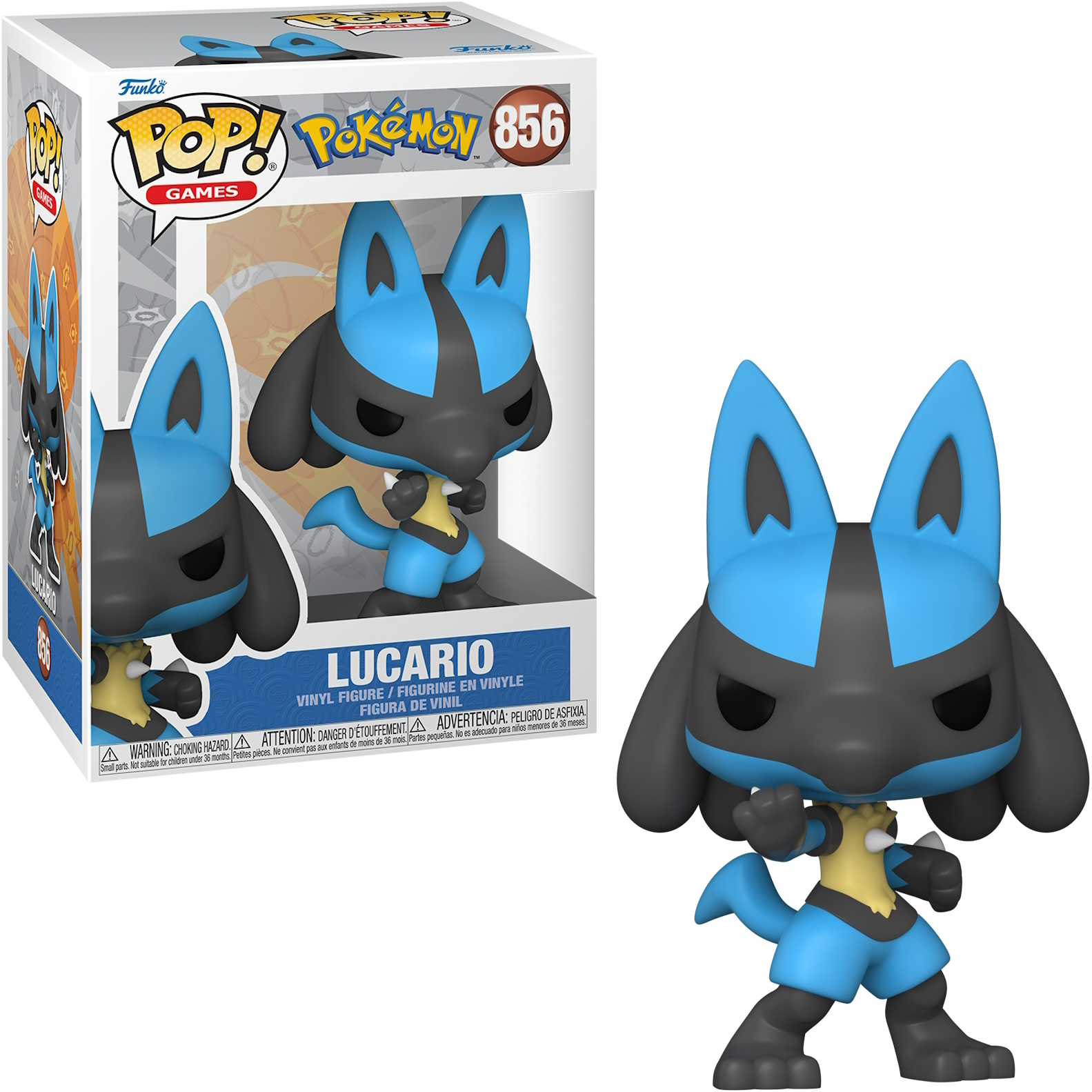 Lucario Funko Pop Figur in einer Box. Die Figur ist hauptsächlich blau und schwarz.