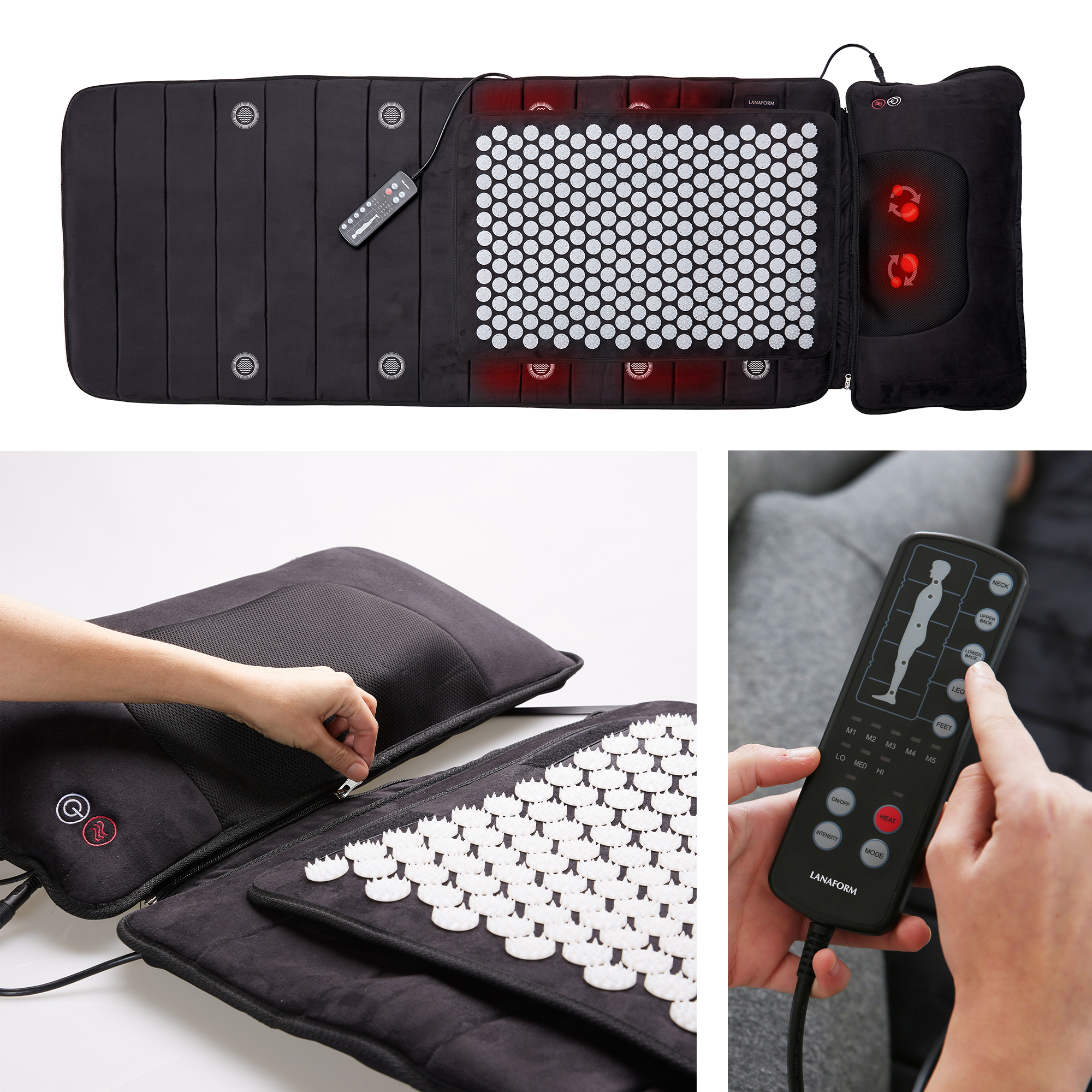 Acupressure mat and pillow set, with remote control and close-up details.