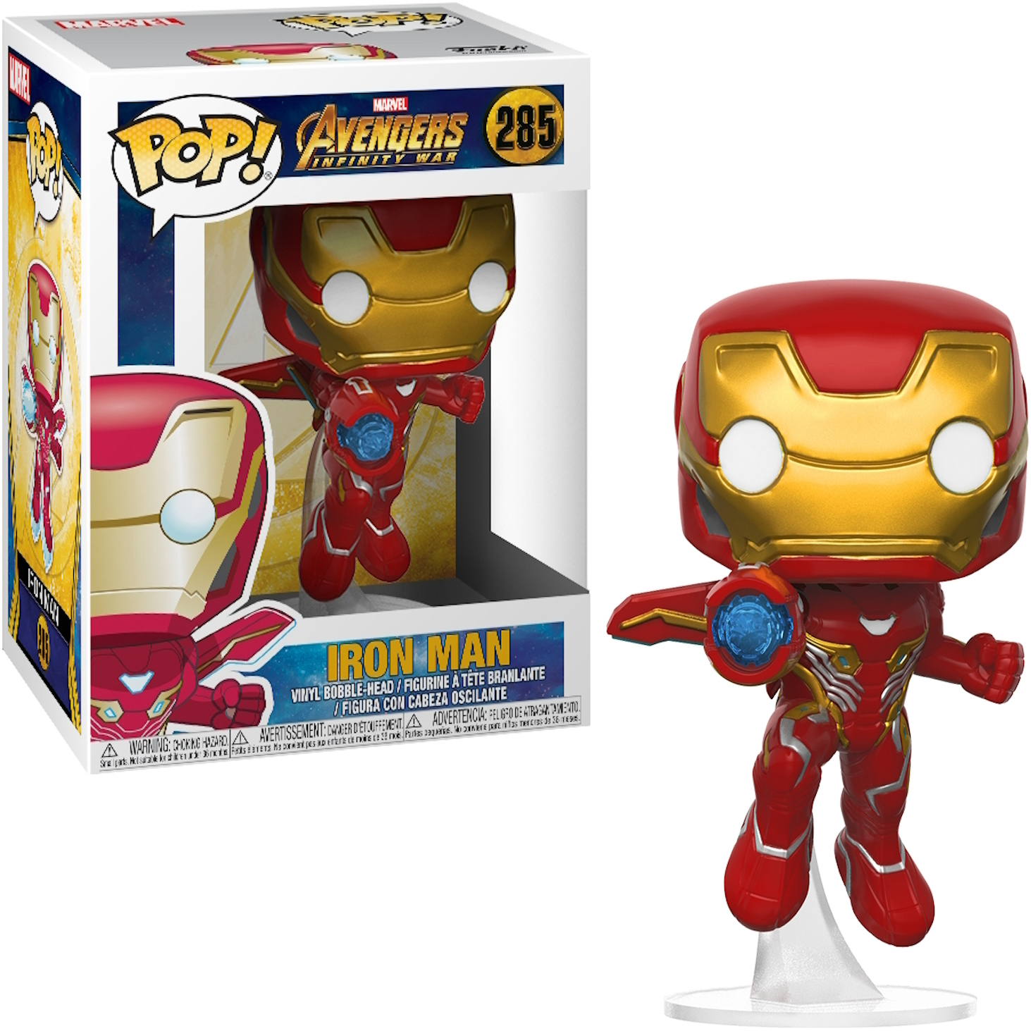 Figurka Iron Man Funko Pop w pudełku i na stojaku. Figurka jest czerwona i złota, z grafiką.