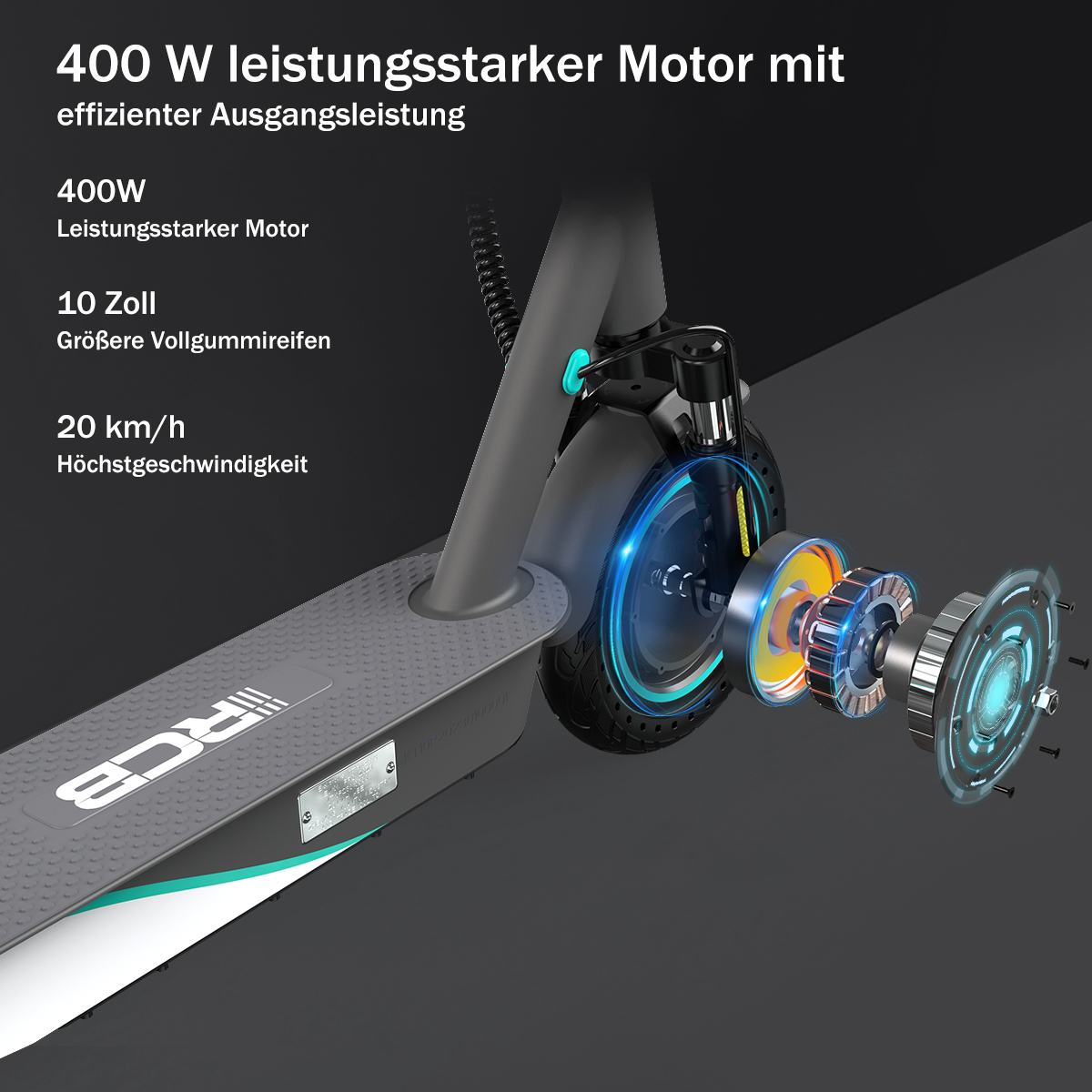 Elektroroller mit Motorbauteilen, mit Text über Leistung und Geschwindigkeit.