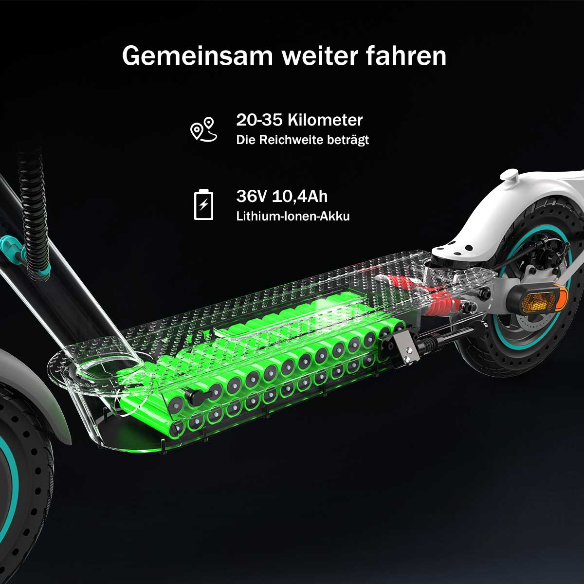 Roller mit sichtbarem grünen Akku, Text mit Reichweite und Akku-Spezifikationen.