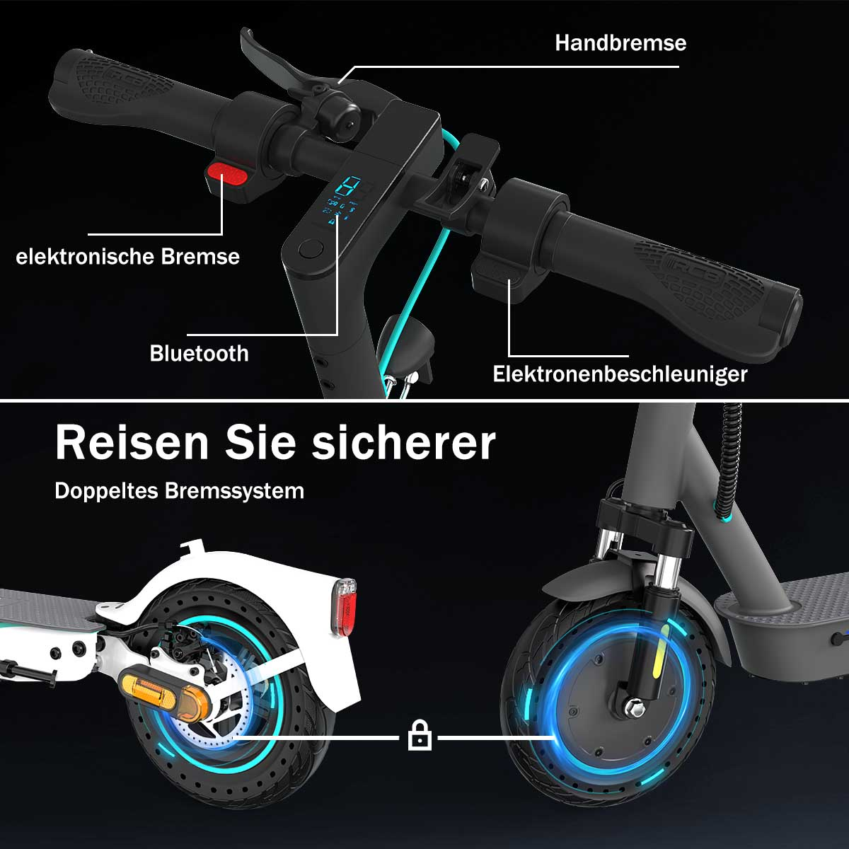 Nahaufnahme eines Elektro-Scooter-Bedienfelds und -Rads mit beschrifteten Teilen und Text.