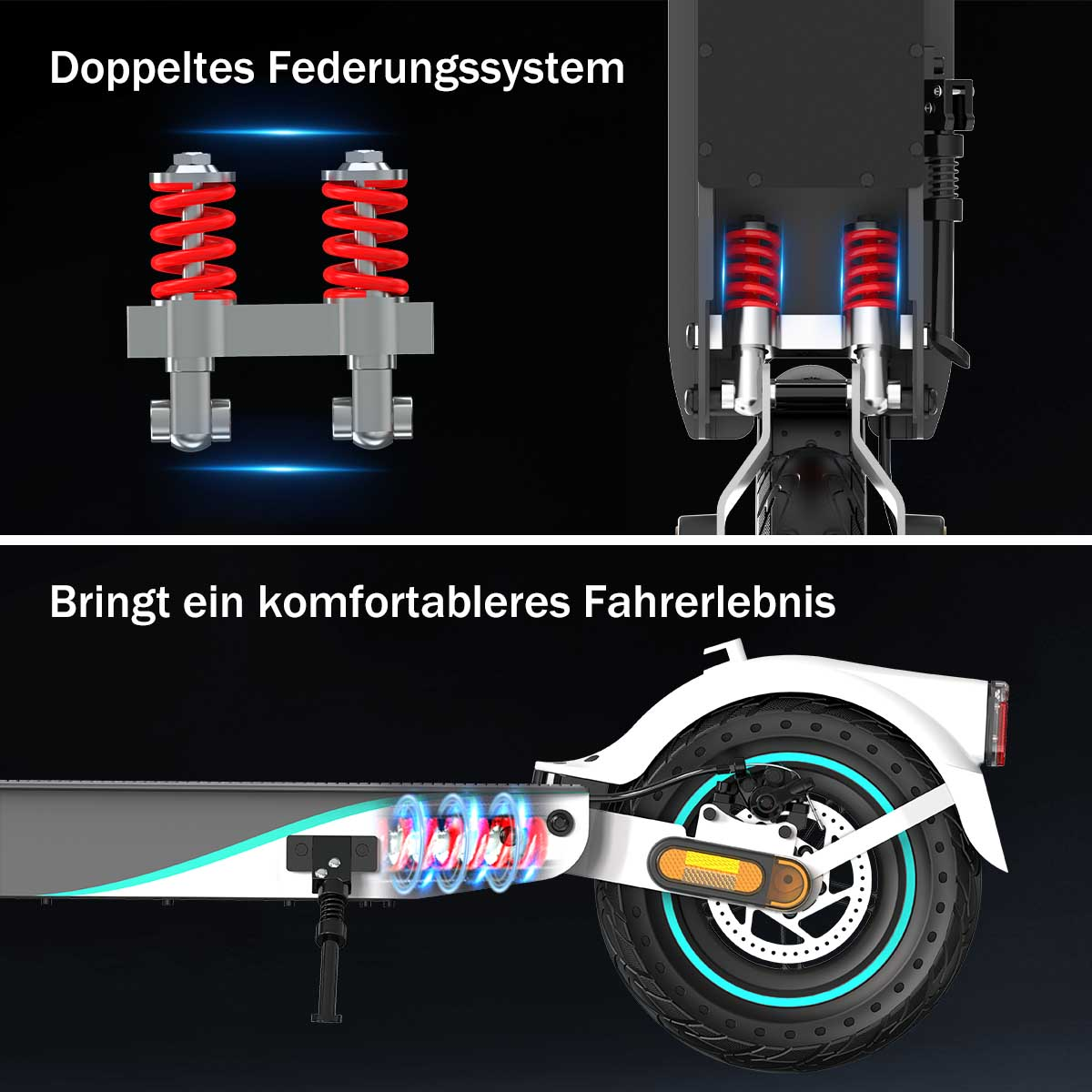 Diagramm des Federungssystems eines Elektrorollers, die Federn hervorhebend.