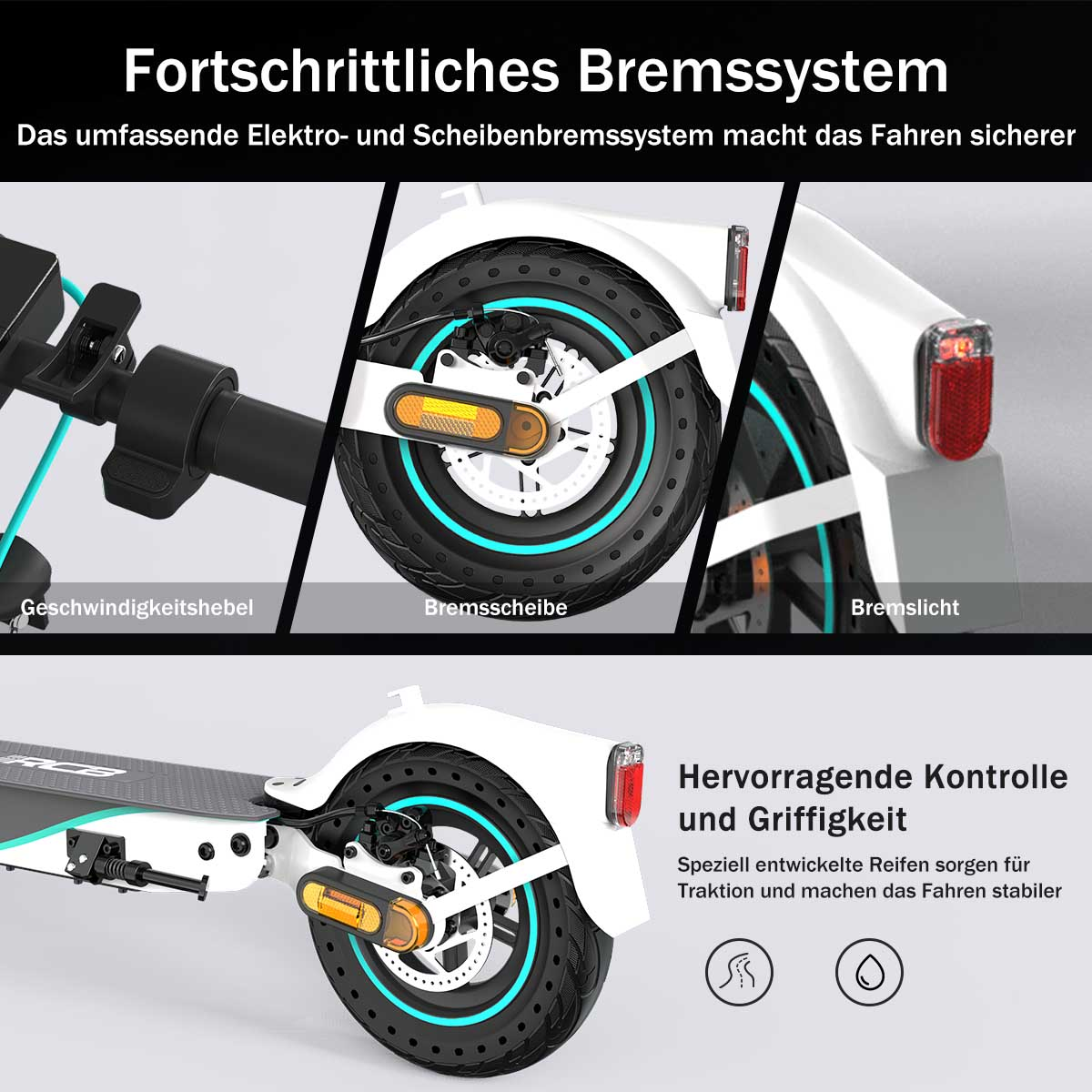 Nahaufnahme des Bremssystems und der Raddetails eines Elektrorollers.