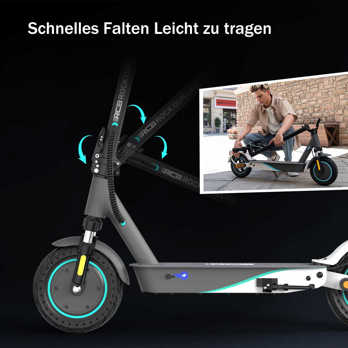 Ein Mann faltet einen Elektroroller, mit Text, der die Faltvorgänge zeigt.