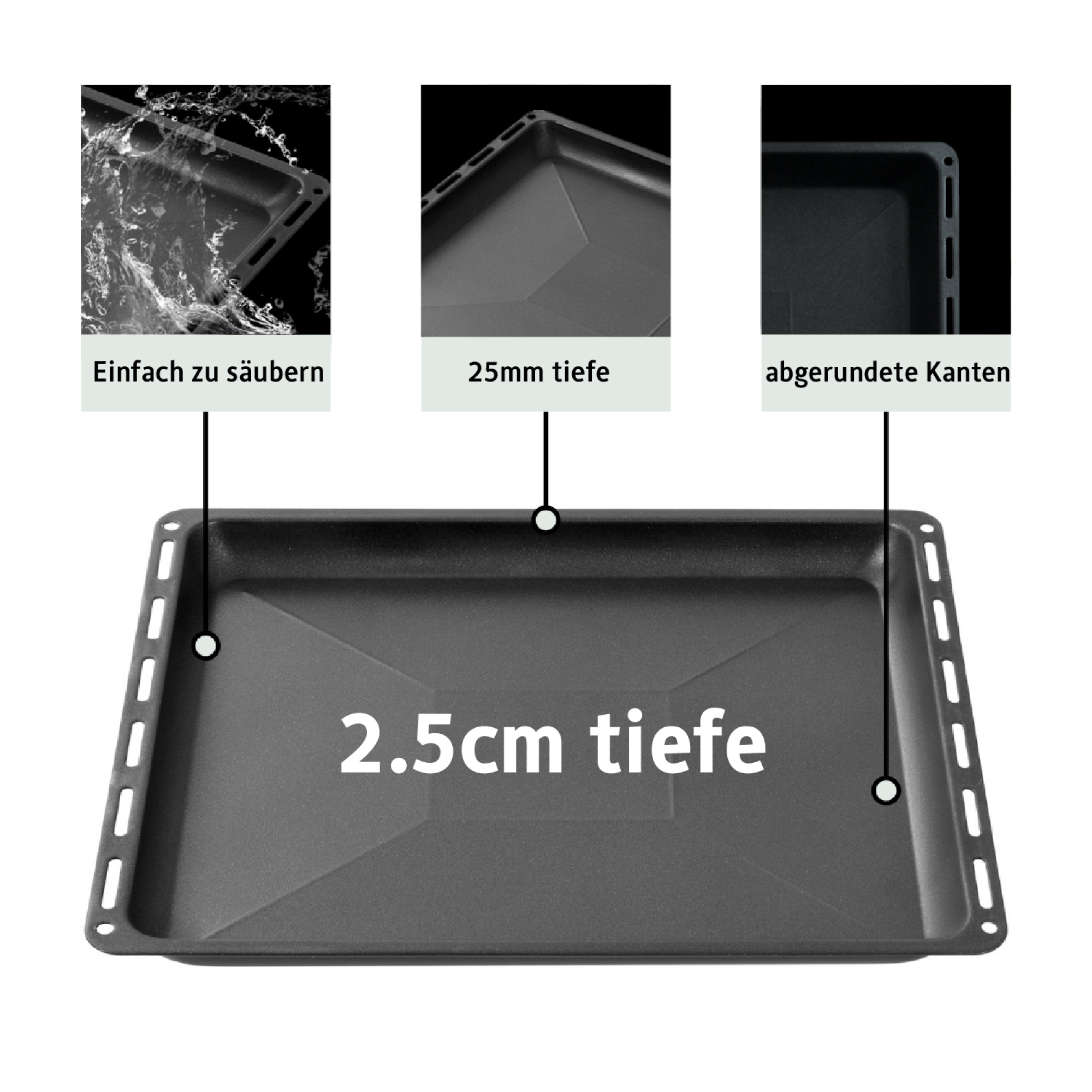 Ein schwarzes Backblech mit abgerundeten Kanten und den Worten '2,5 cm tief' und zugehörigem Text.
