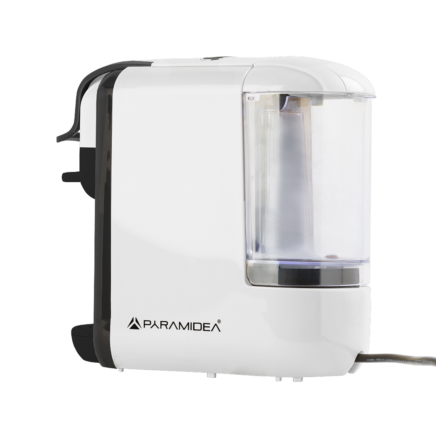 Macchina da caffè bianca con serbatoio dell'acqua trasparente, dettagli neri e logo PARAMIDEA.
