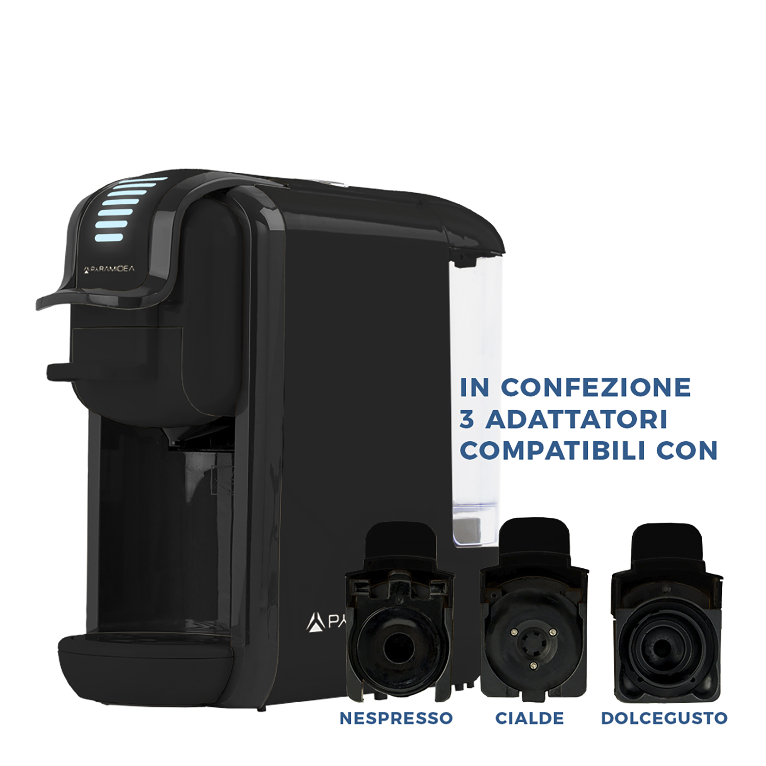 Macchina da caffè Paramidea nera con 3 adattatori compatibili: Nespresso, Cialde, Dolcegusto.