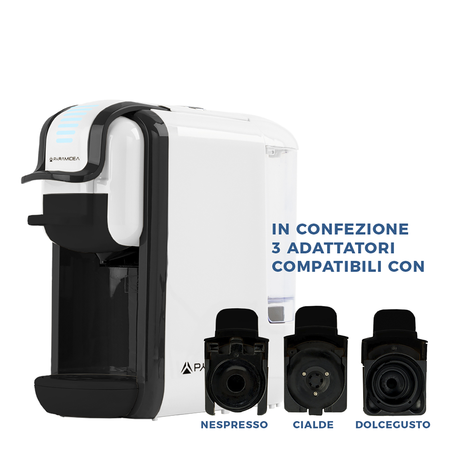 Macchina da caffè bianca con 3 adattatori: Nespresso, Cialde, Dolcegusto. Testo: IN CONFEZIONE.