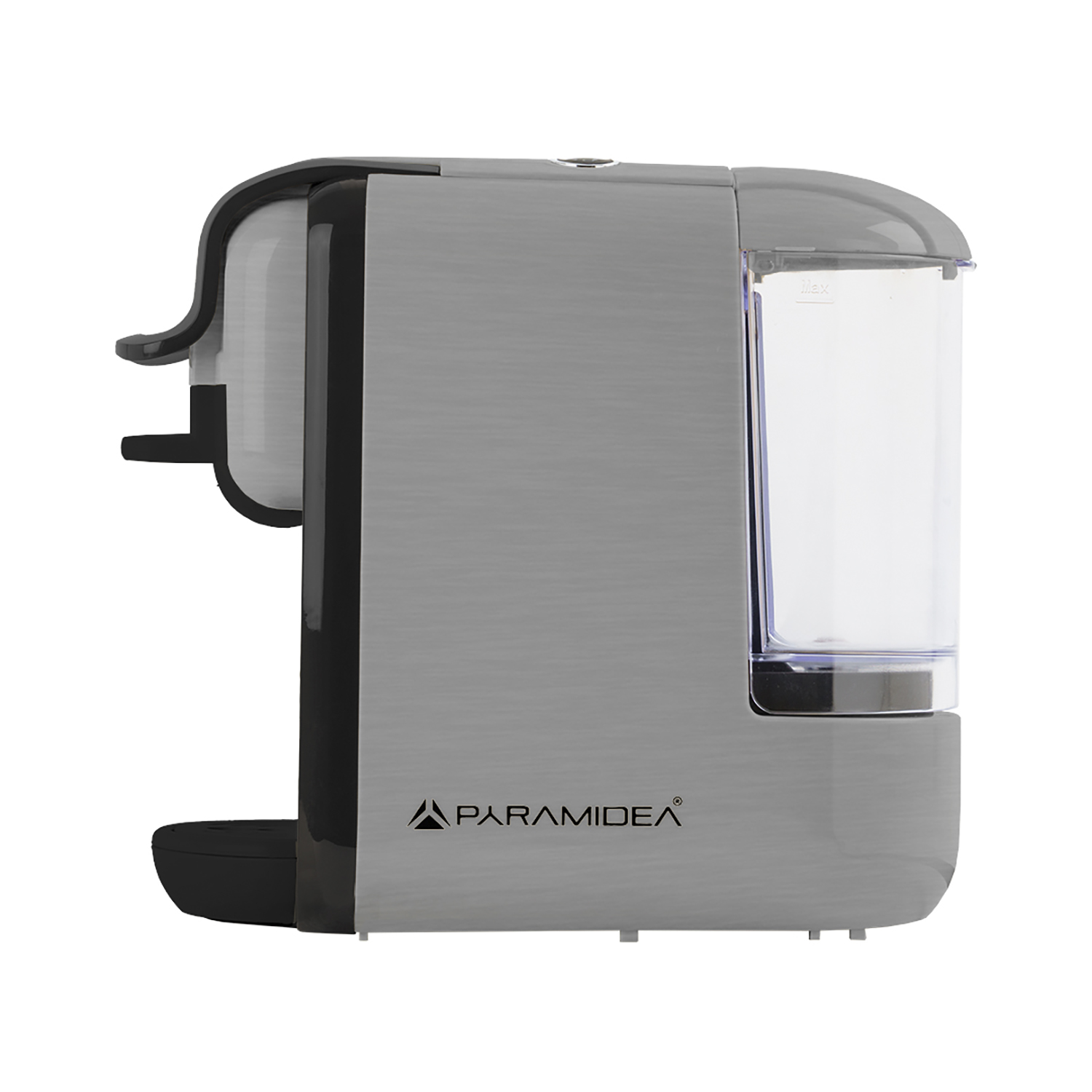 Macchina da caffè Paramidea grigia, vista laterale, con serbatoio acqua trasparente.