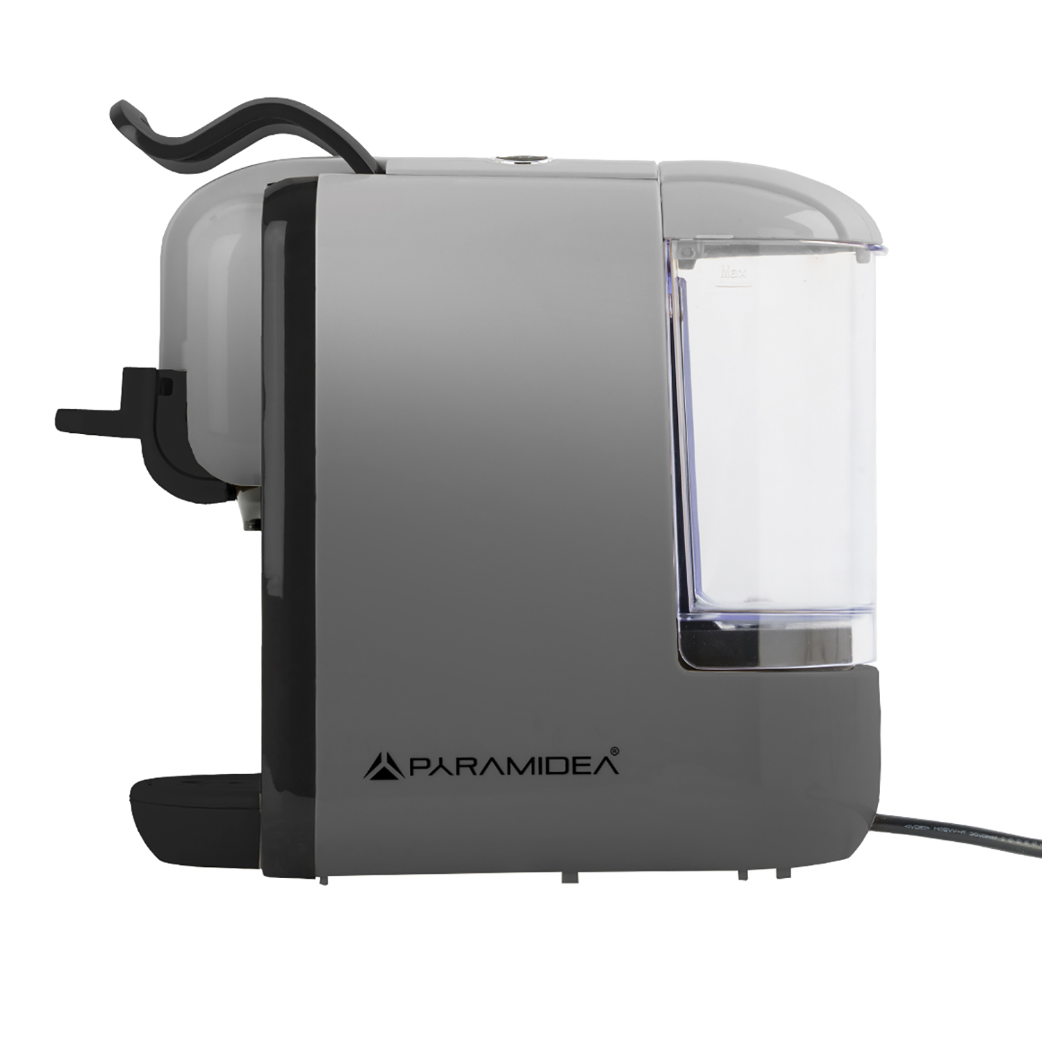 Macchina da caffè grigia con serbatoio dell'acqua trasparente, dettagli neri e logo PARAMIDEA.