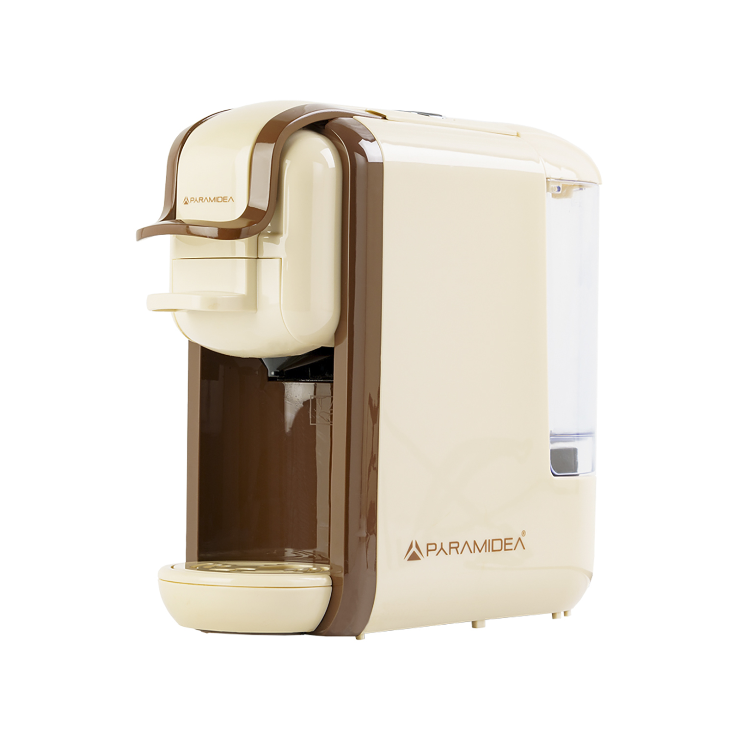 Caffettiera color crema e marrone di Paramidea. Ha un serbatoio dell'acqua trasparente e il logo.
