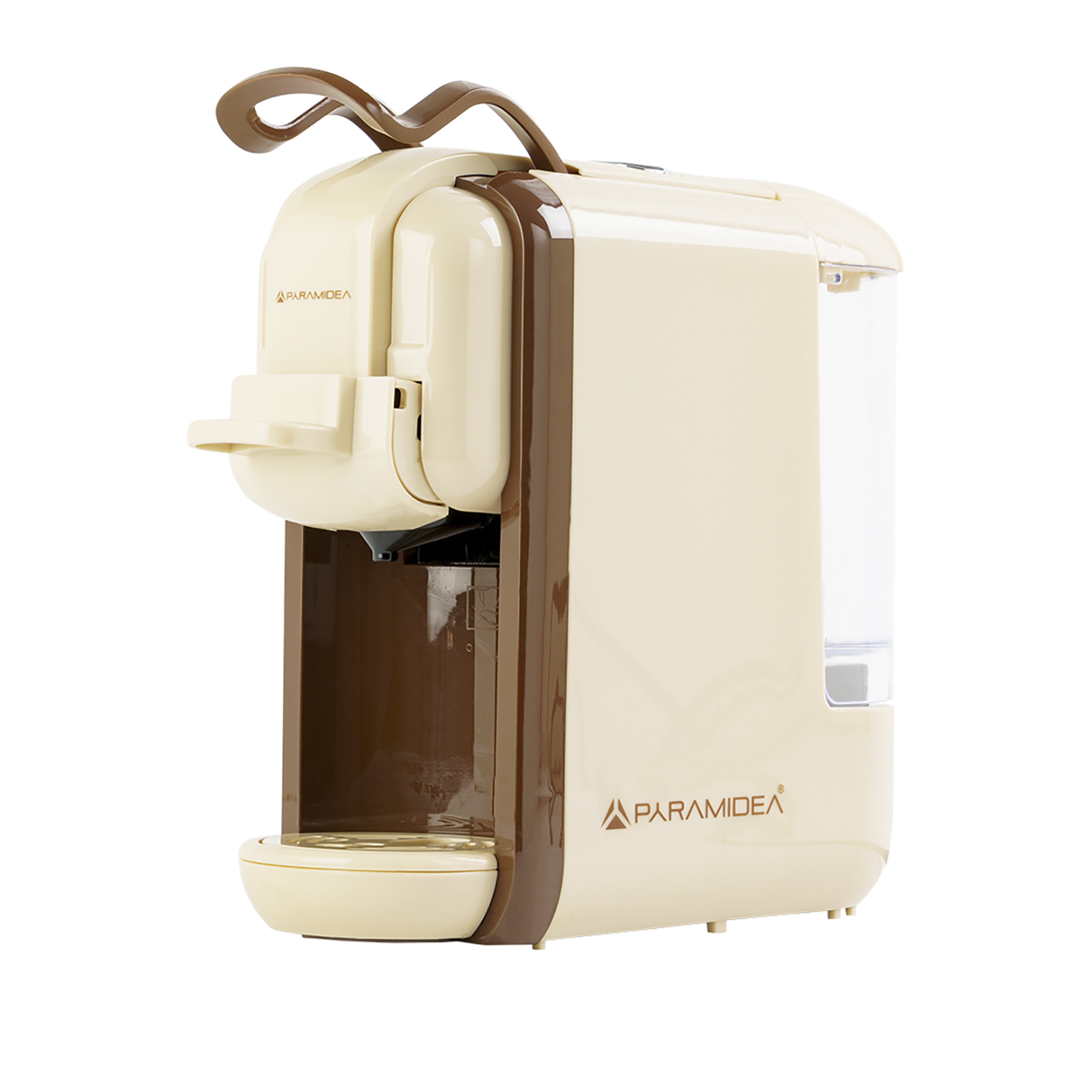 Macchina caffè beige, dettagli marroni, con marchio 'APARAMIDEA', sfondo bianco.