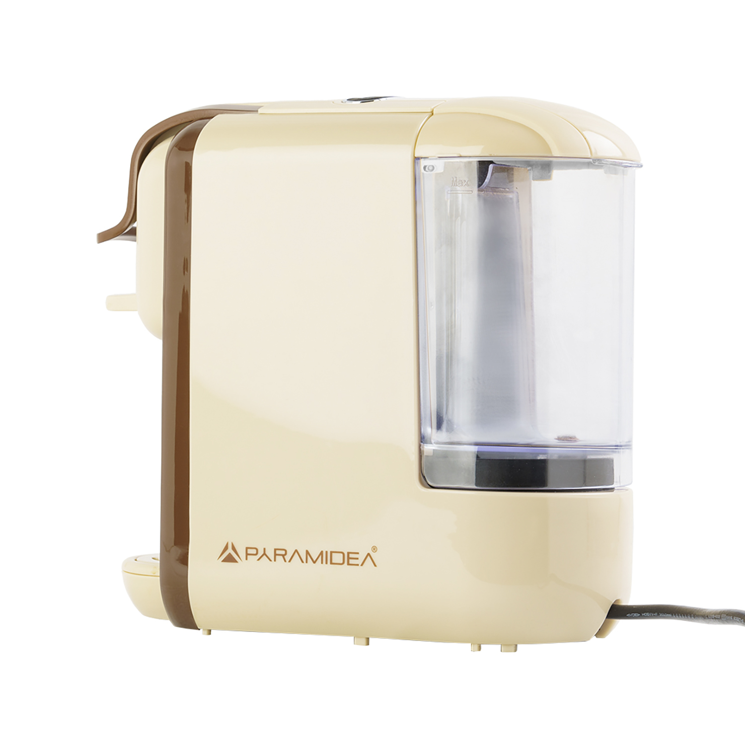 Una macchina da caffè beige con accenti marroni, serbatoio dell'acqua e logo Paramidea.