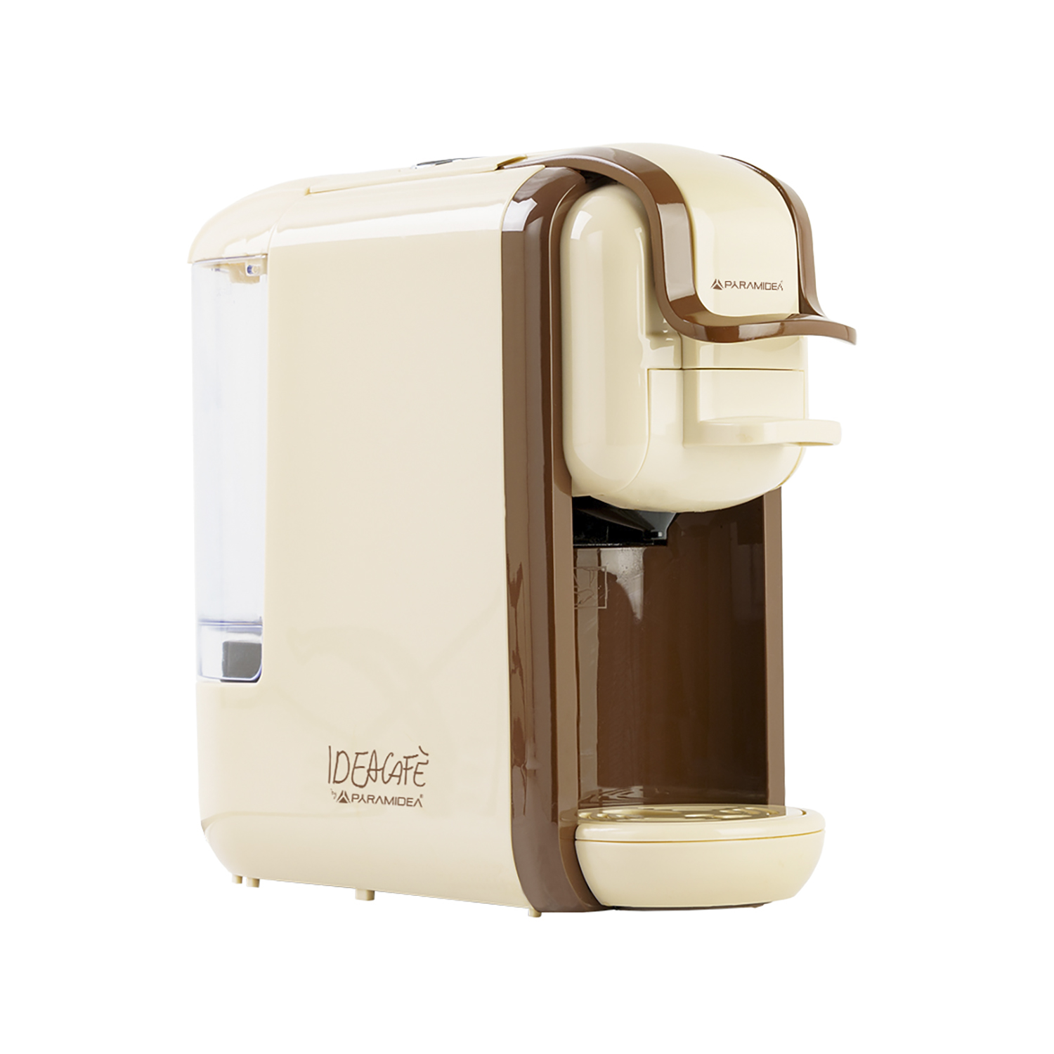 Una macchina da caffè IDEA CAFE beige e marrone. Ha un serbatoio dell'acqua trasparente e una maniglia marrone.