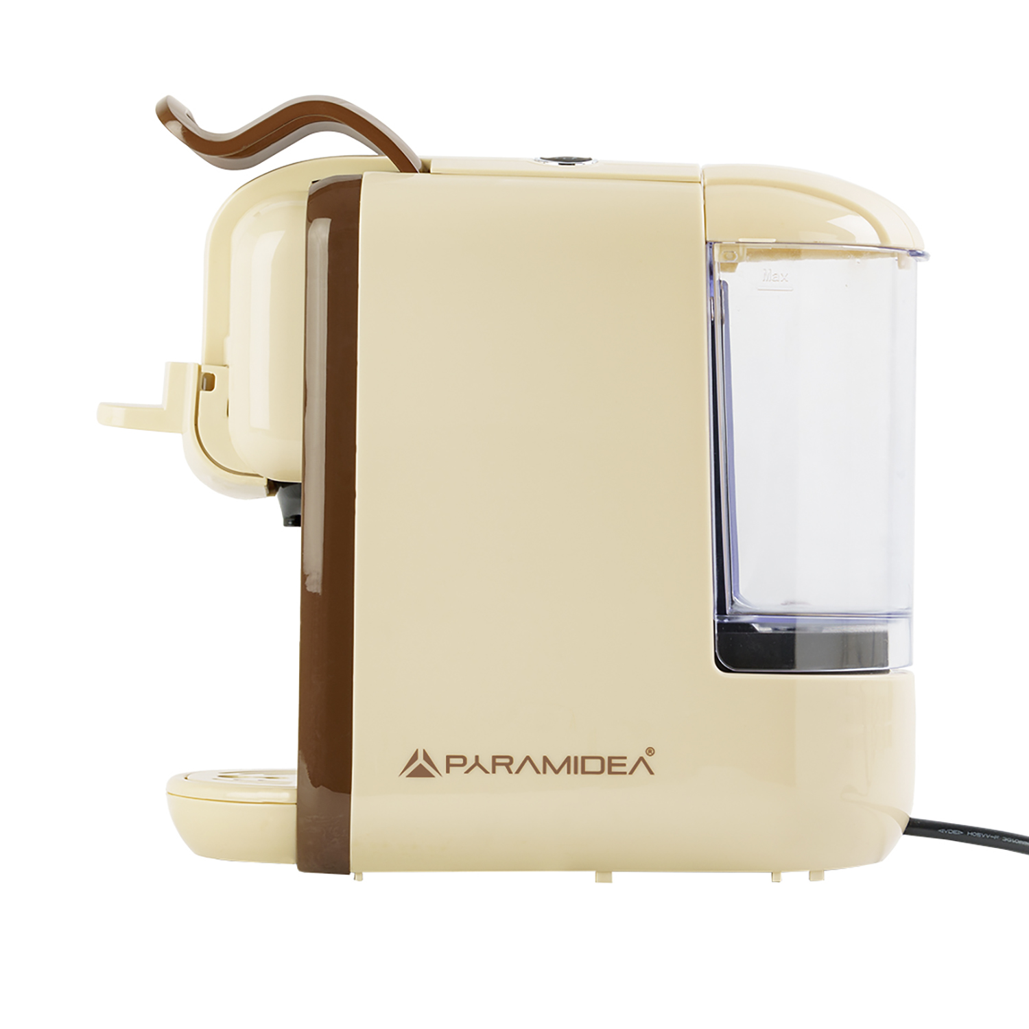 Macchina da caffè beige e marrone con serbatoio dell'acqua trasparente e logo PARAMIDEA.
