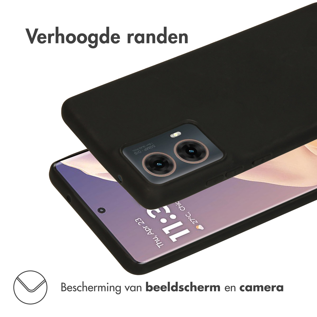 Telefono nero con custodia sopra. Testo: bordi rialzati, protezione dello schermo e della fotocamera.