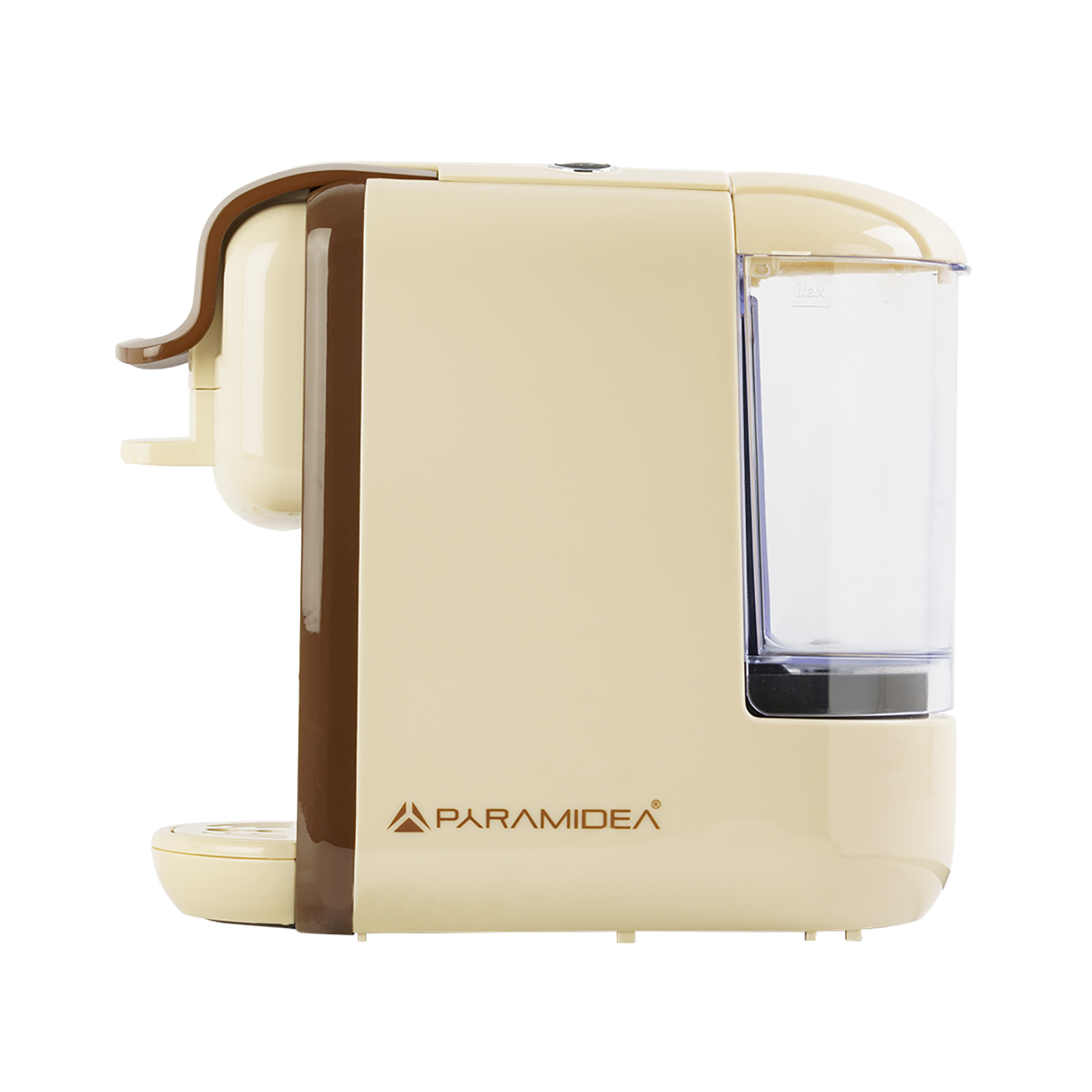 Una macchina da caffè Paramidea beige e marrone. Serbatoio dell'acqua, beccuccio e logo visibili.