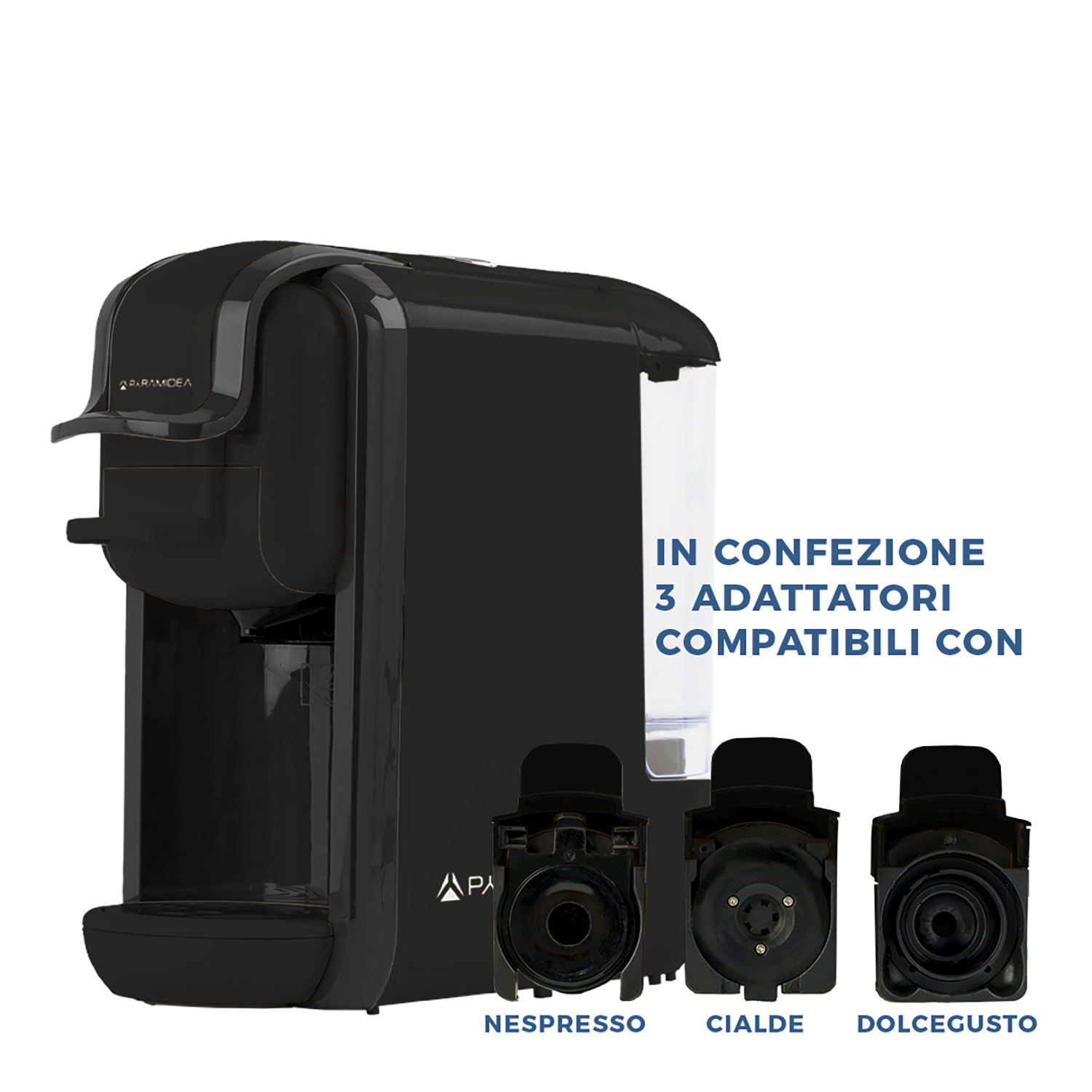 Macchina da caffè nera con tre adattatori per vari tipi di caffè. Testo: In confezione 3 adattatori compatibili con.