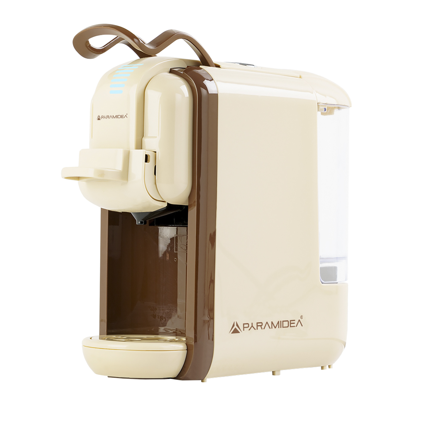 Macchina da caffè beige e marrone con serbatoio laterale, sfondo bianco.