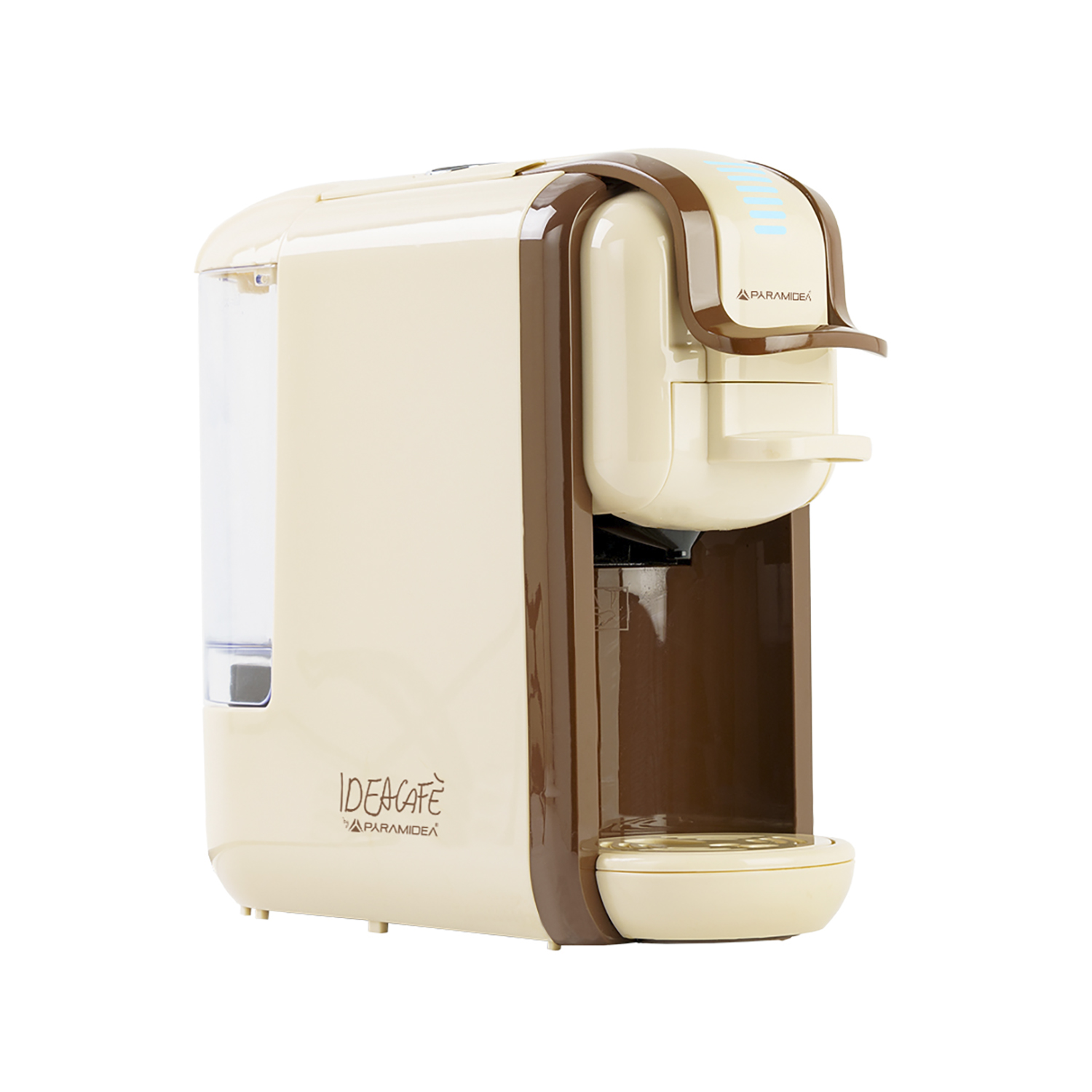 Macchina da caffè crema e marrone, marchio IDEACAFE. Con serbatoio dell'acqua e beccuccio erogatore.