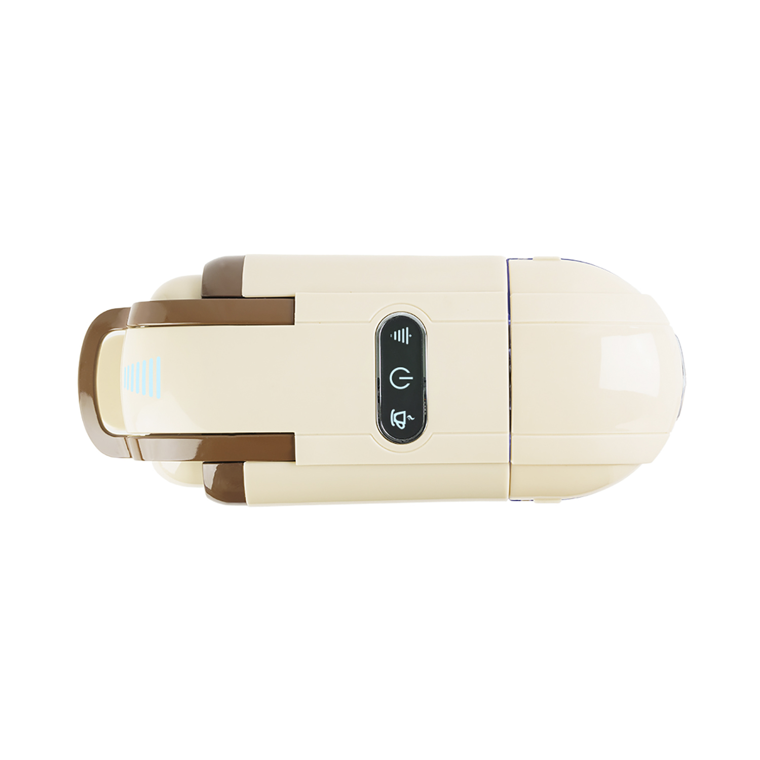 Un dispositivo beige e marrone con pulsanti su sfondo bianco.