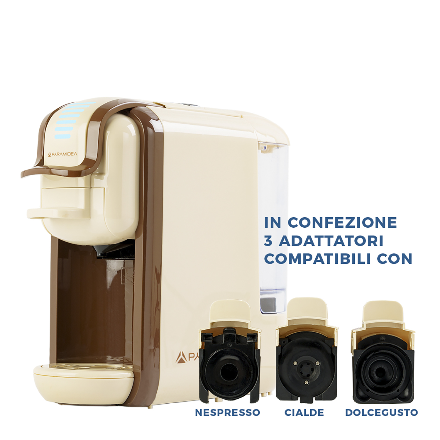 Macchina da caffè beige e marrone con tre adattatori. Testo: In confezione 3 adattatori compatibili con.